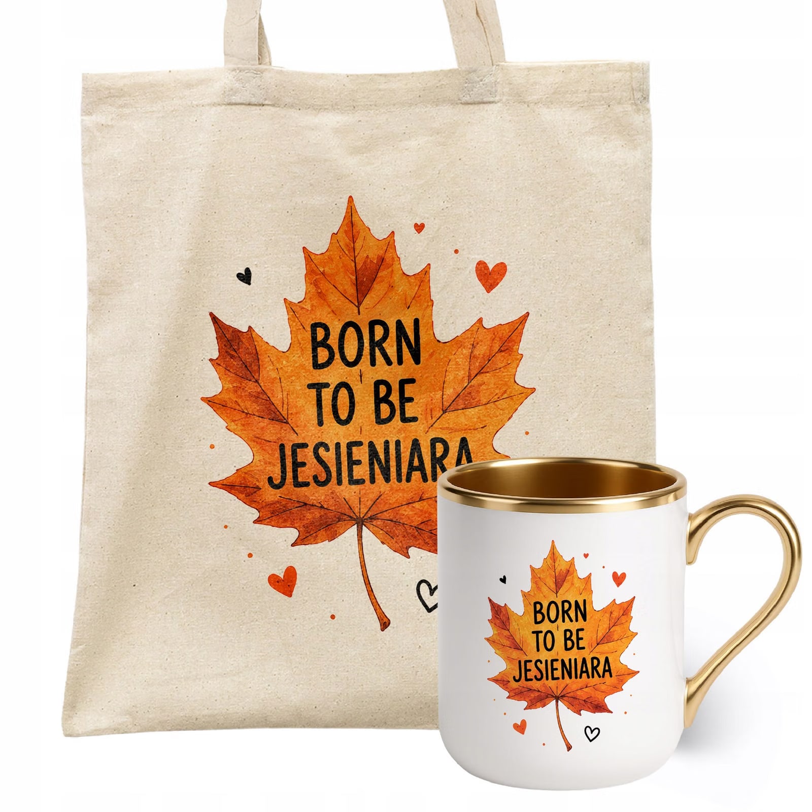 Zestaw Kubek Premium Złoty Torba Shopper Ecru Z Nadrukiem Jesień