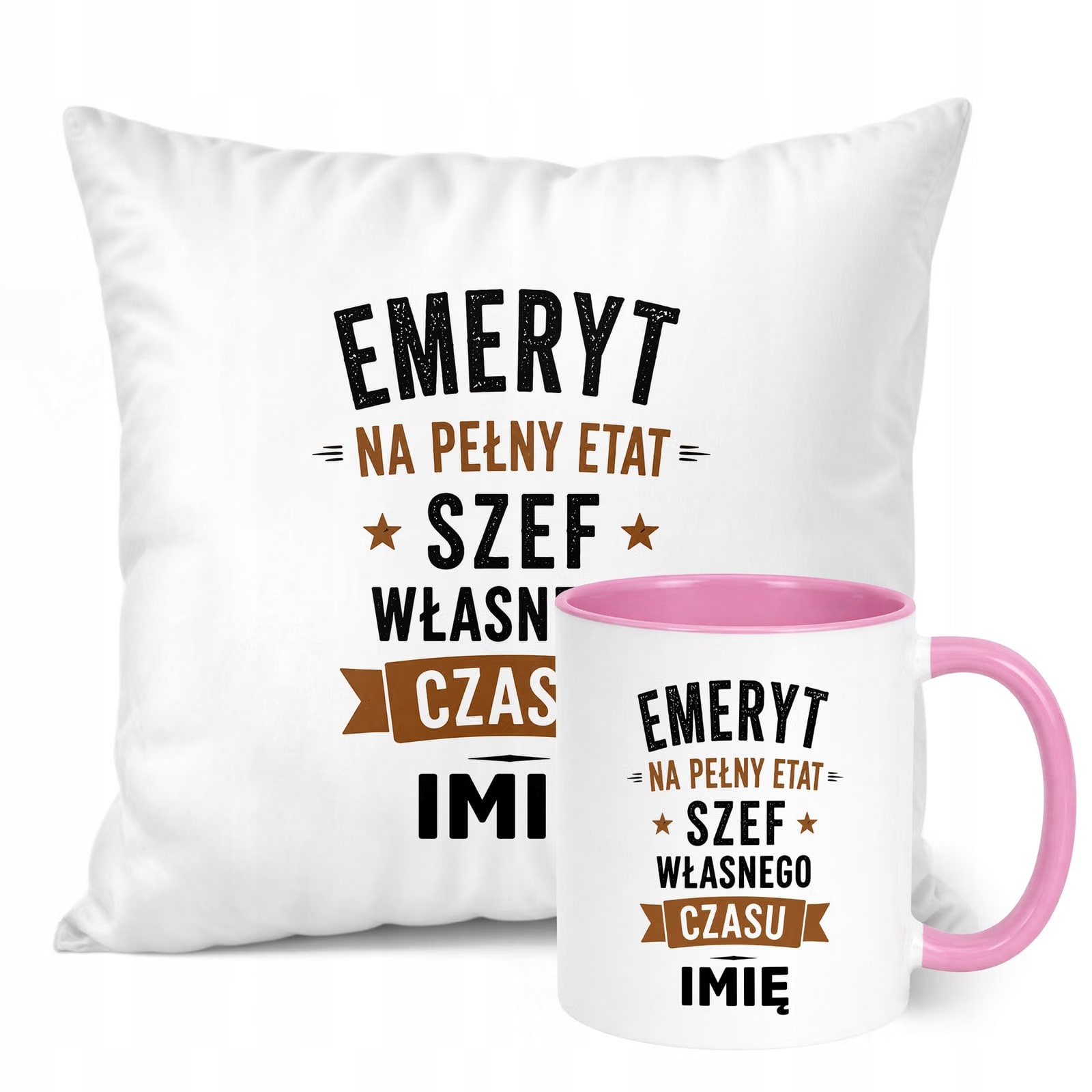 Zestaw Personalizowany Kubek Różowy Poduszka Emerytura Upominek Prezent