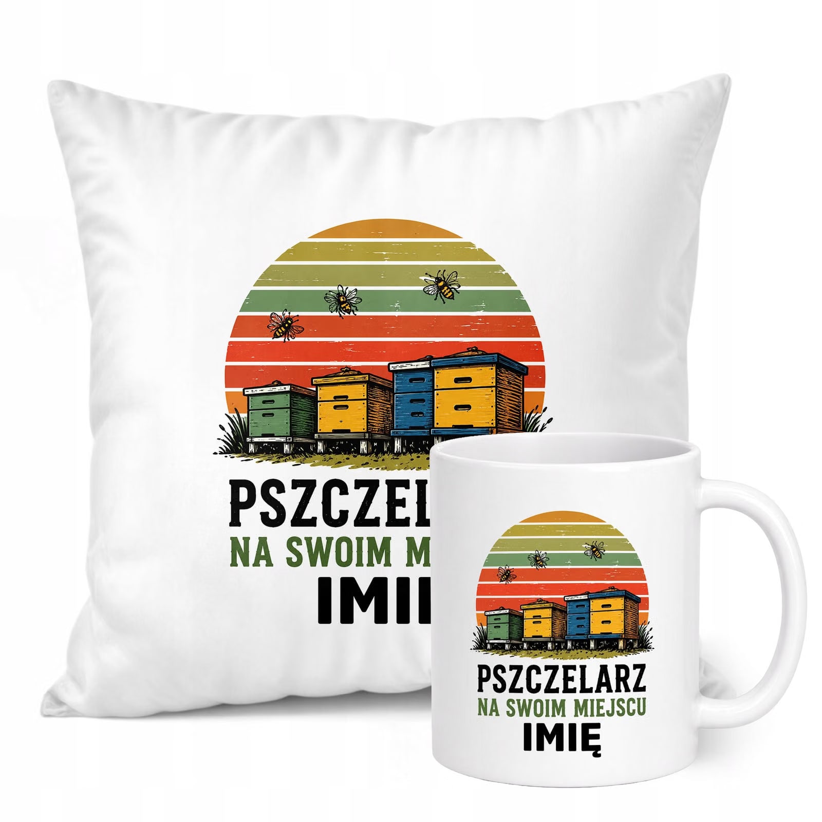 Zestaw Personalizowany Kubek Biały Poduszka Z Nadrukiem Dla Pszczelarza