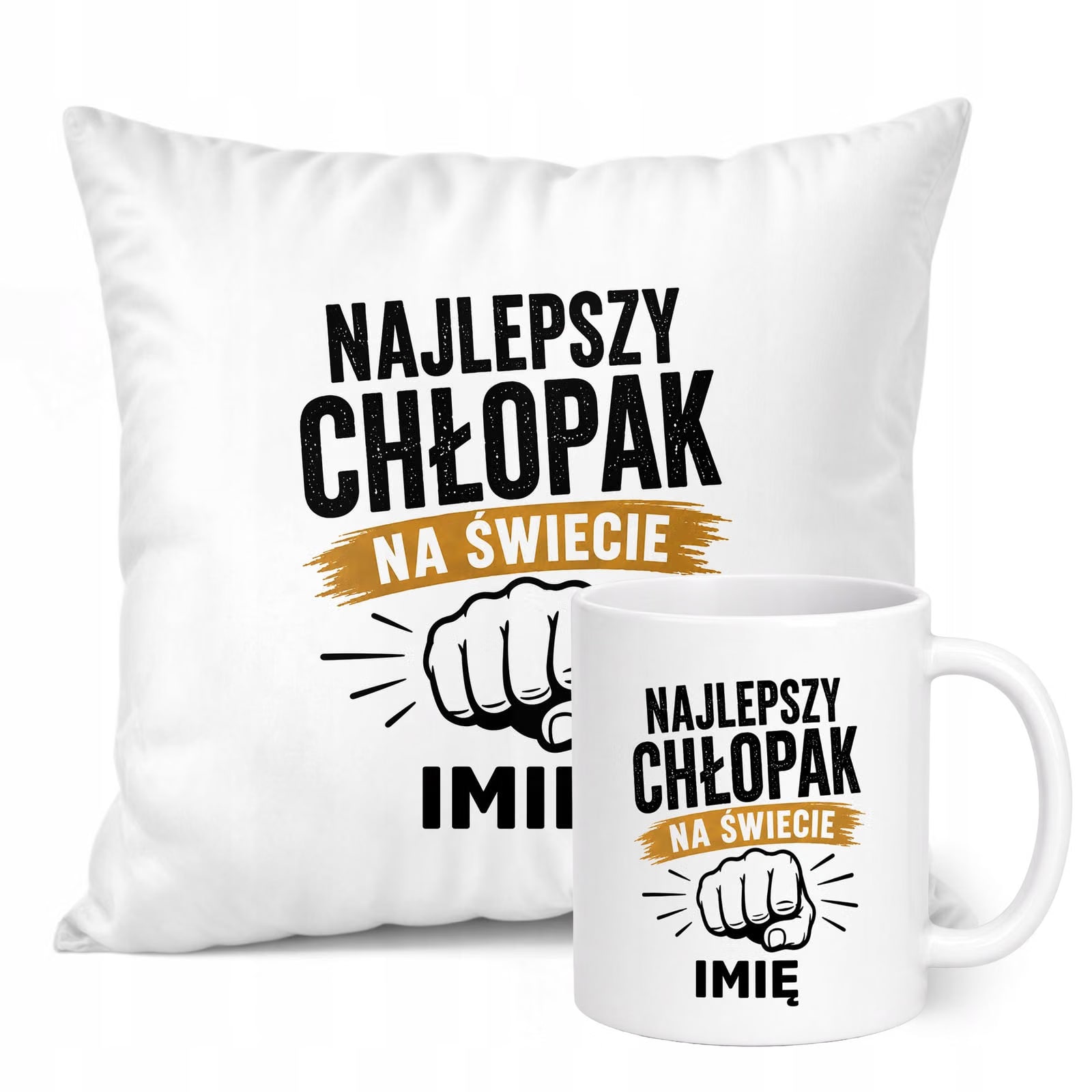 Zestaw Personalizowany Kubek Biały Poduszka Dzień Chłopaka Z Nadrukiem