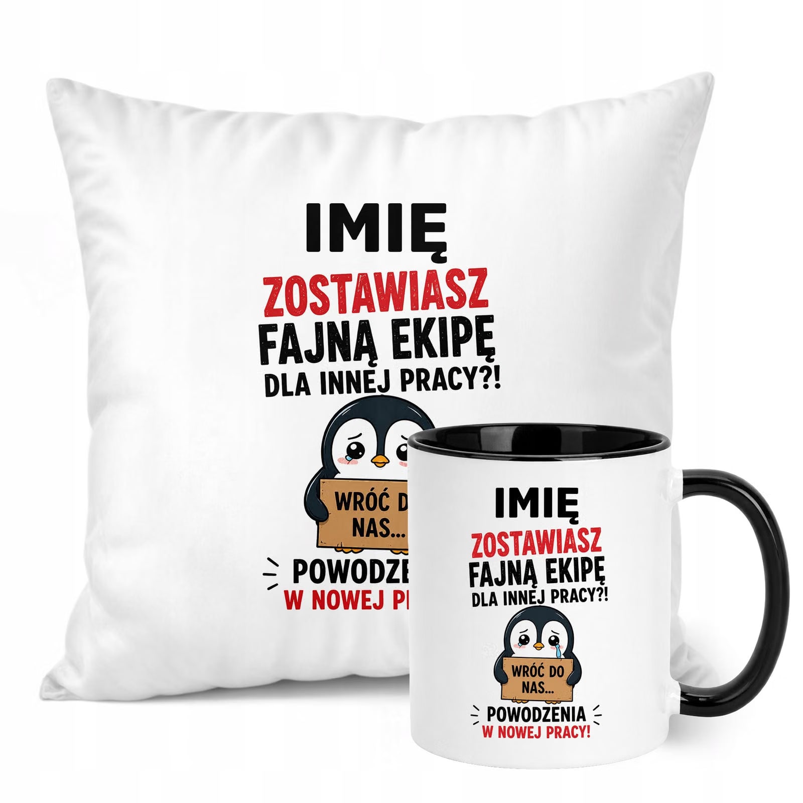 Zestaw Personalizowany Kubek Czarny Poduszka Odejście z Pracy Prezent