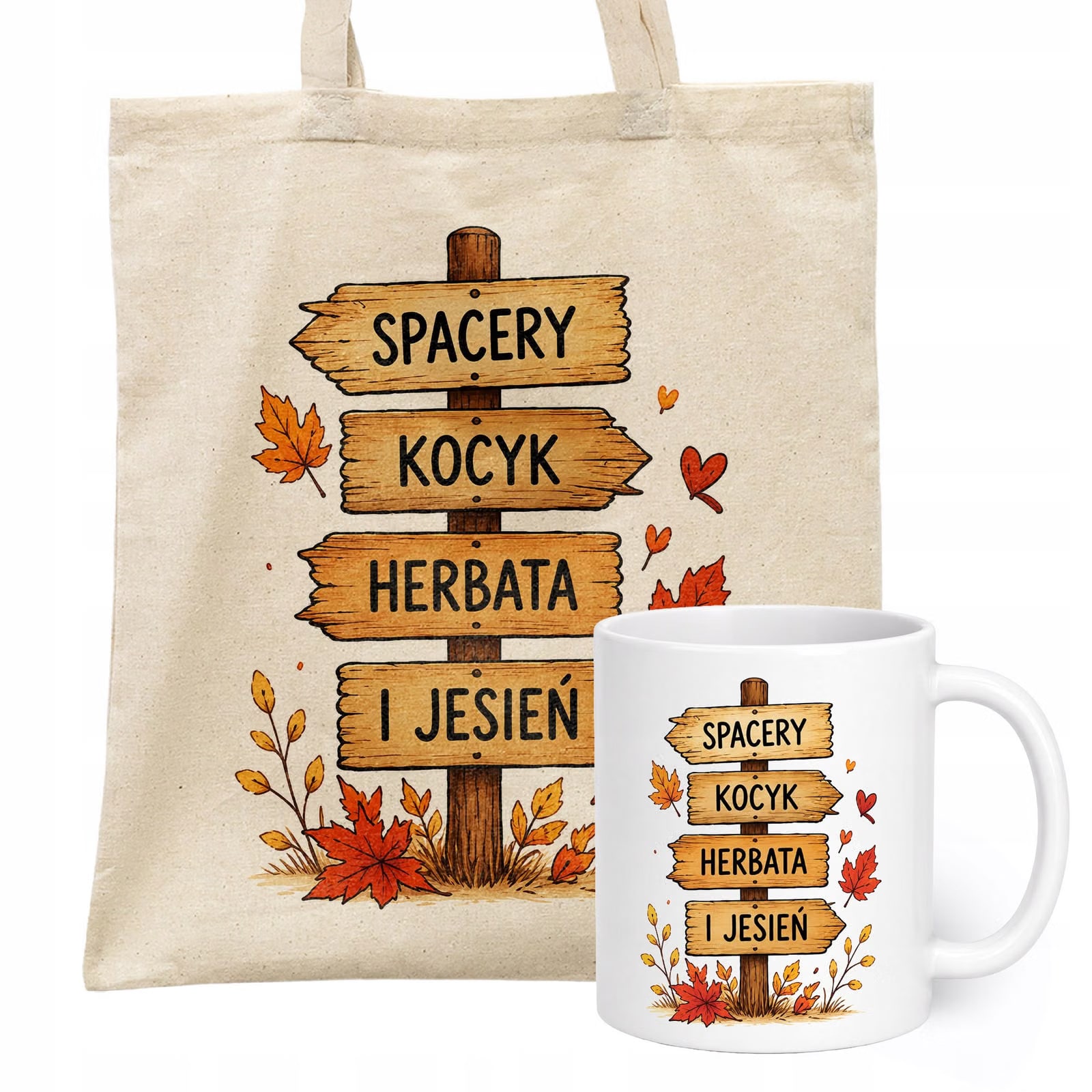 Zestaw Kubek Biały Torba Shopper Ecru Z Nadrukiem Jesień Jesienny Prezent