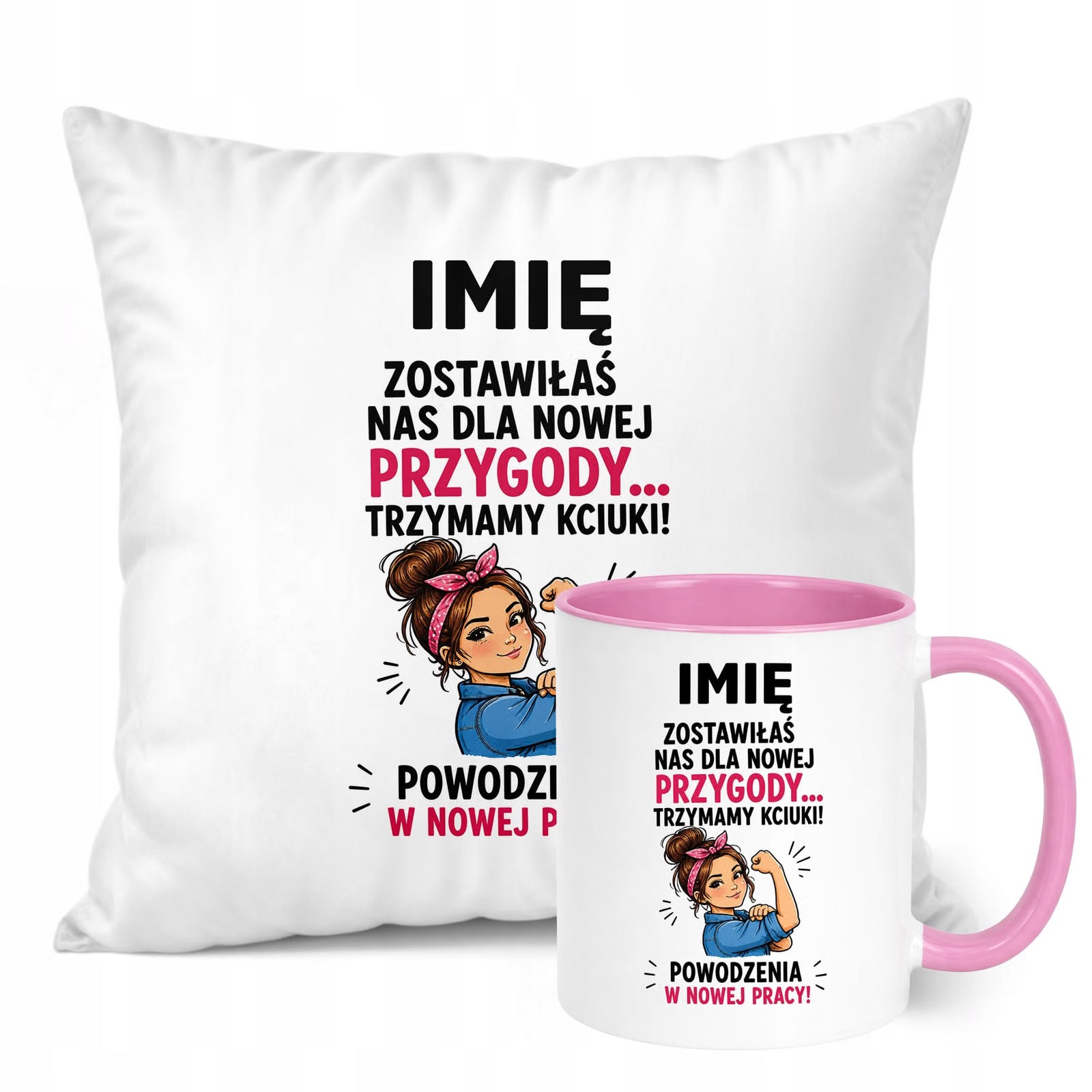 Zestaw Personalizowany Kubek Różowy Poduszka Odejście z Pracy Prezent