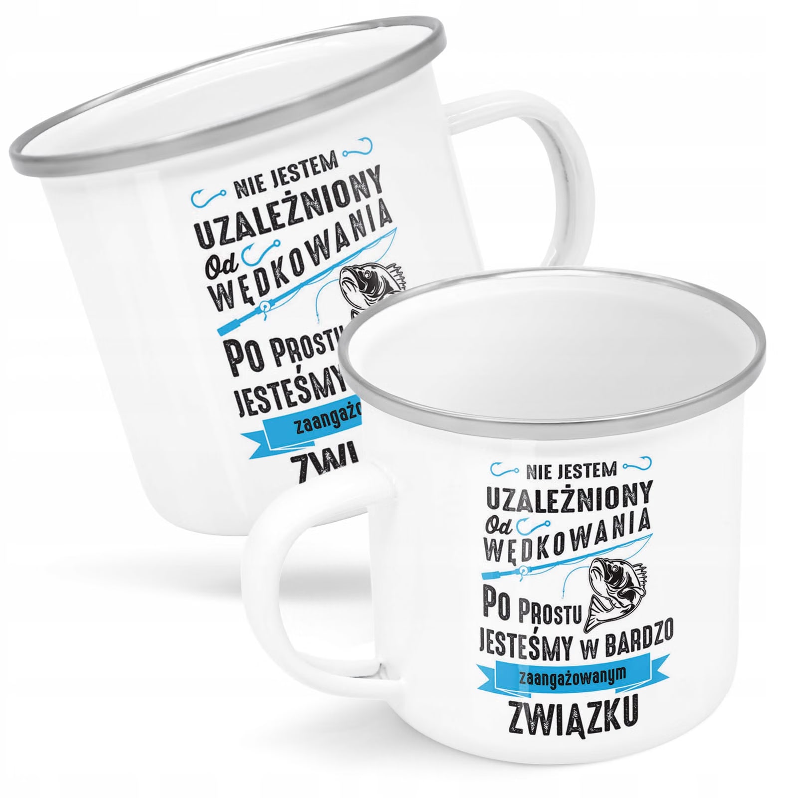Kubek Emaliowany Dla Wędkarza Ryby Wędkowanie z Nadrukiem Biały Metalowy