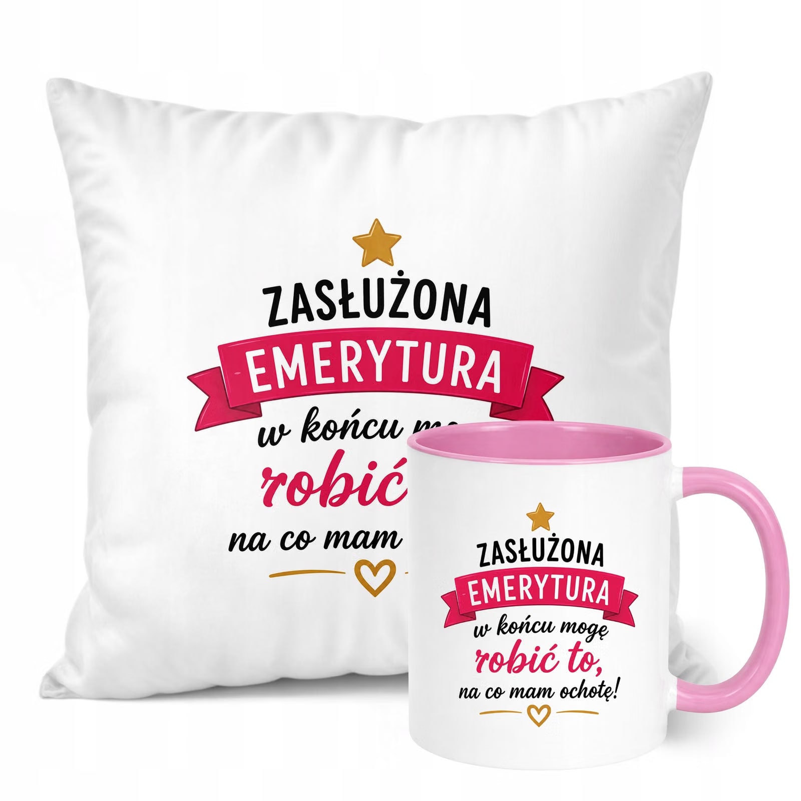 Zestaw Kubek Różowy Poduszka Z Nadrukiem Emerytura Dla Emerytki Prezent