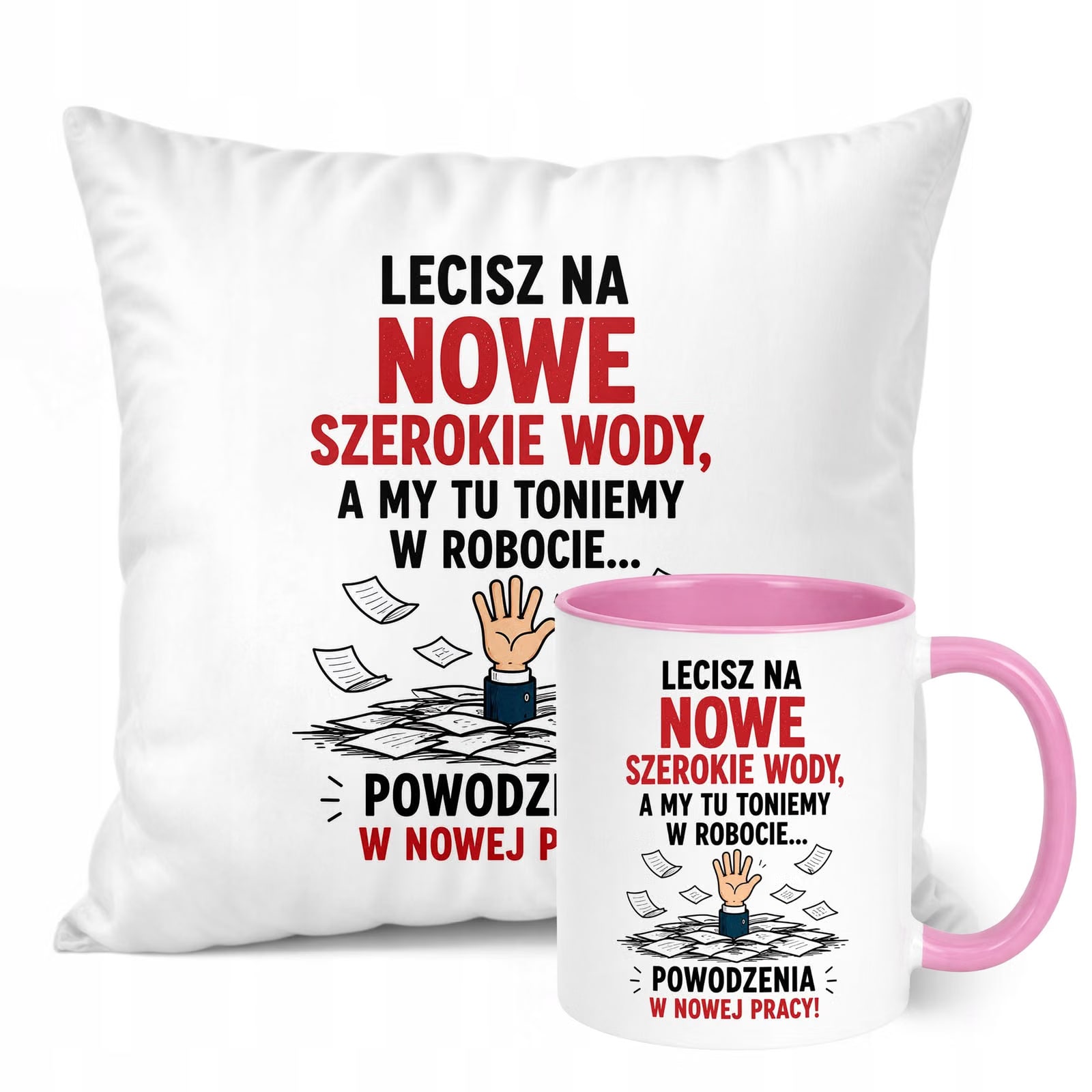 Zestaw Kubek Różowy Poduszka Z Nadrukiem Odejście z Pracy Prezent