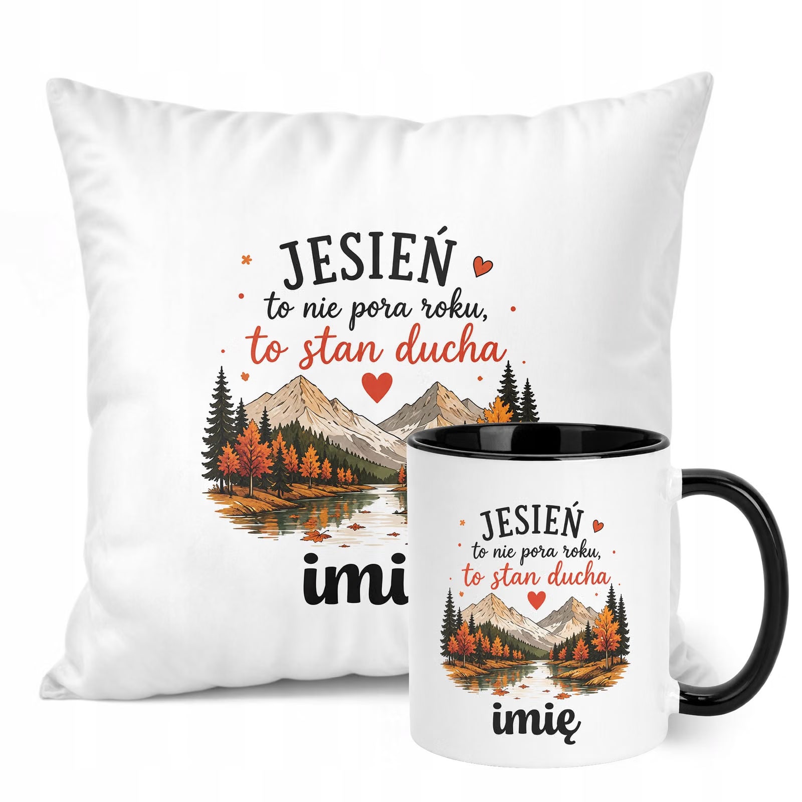 Zestaw Personalizowany Kubek Czarny Poduszka Jesień Jesienny Z Nadrukiem