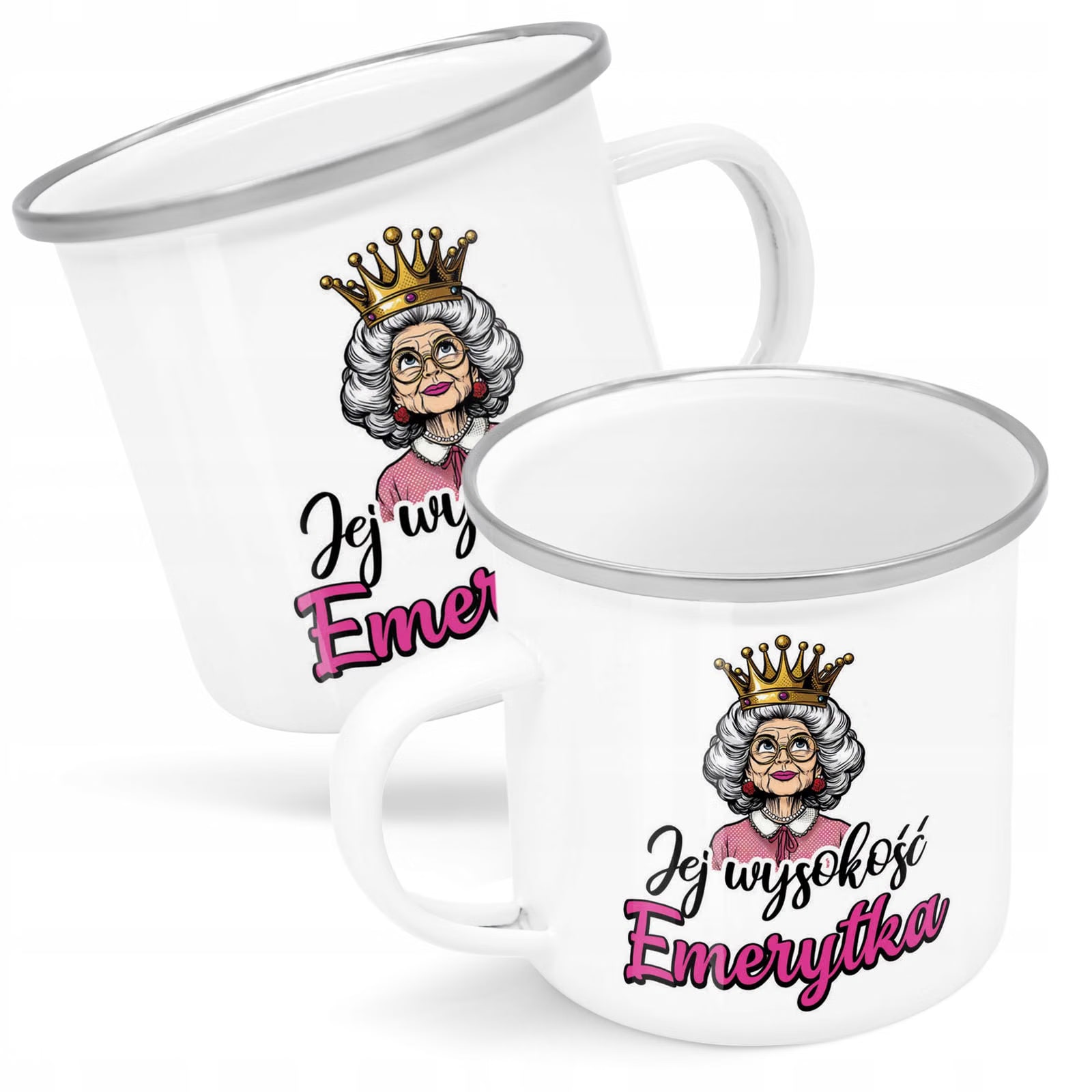 Kubek Emaliowany Z okazji Emerytury Emerytka z Nadrukiem Biały Metalowy