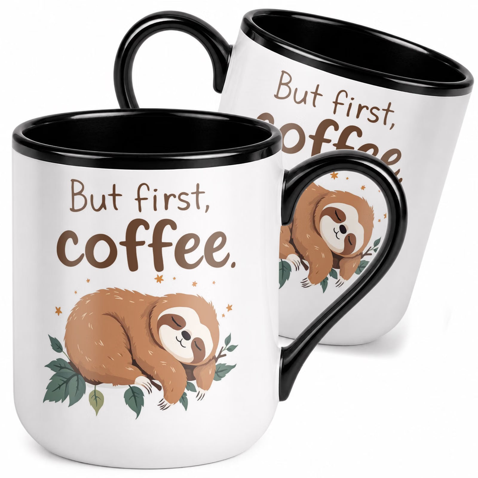 Kubek z nadrukiem Premium Czarny Leniwiec But First Coffee Upominek Prezent