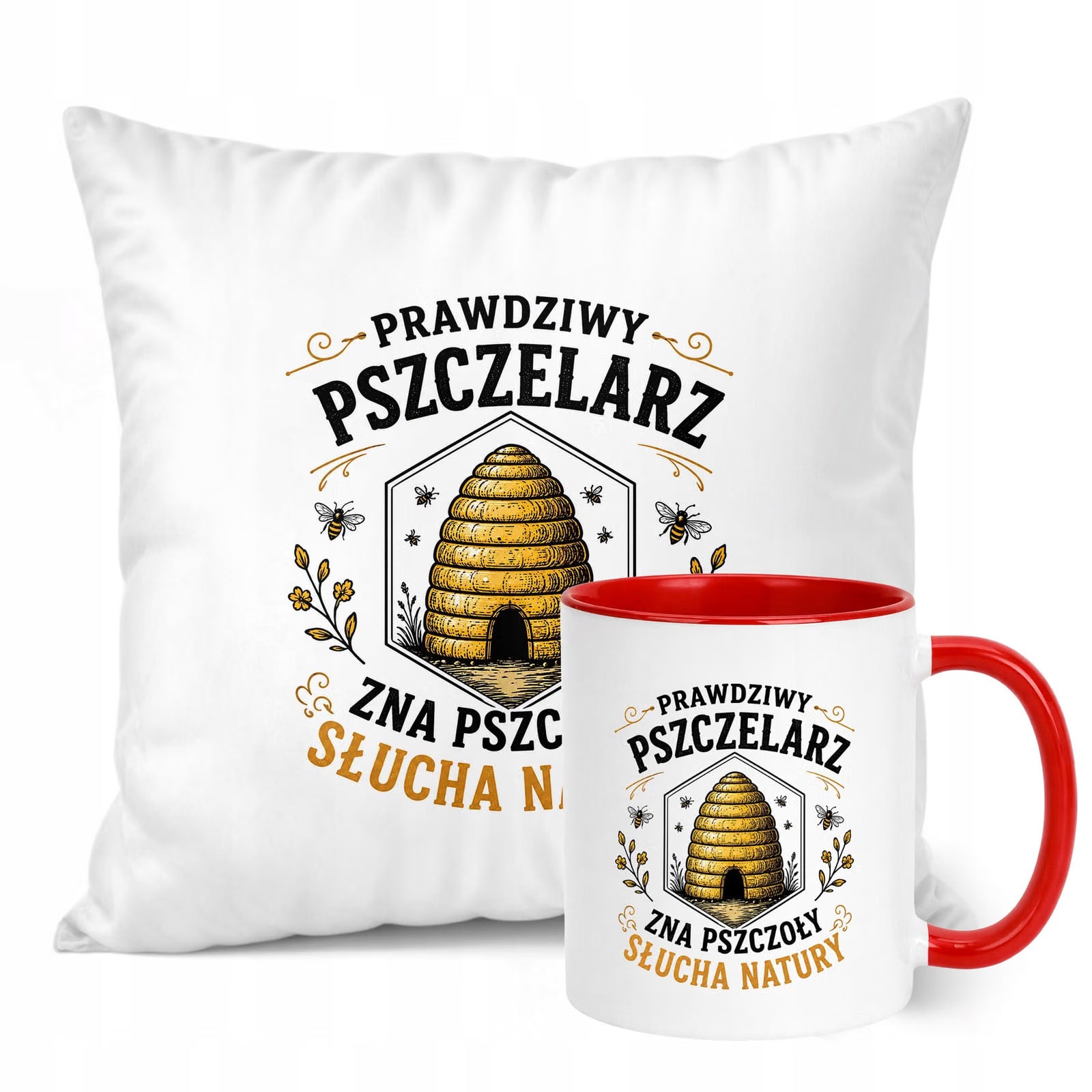 Zestaw Kubek Czerwony Poduszka Z Nadrukiem Dla Pszczelarza Prezent