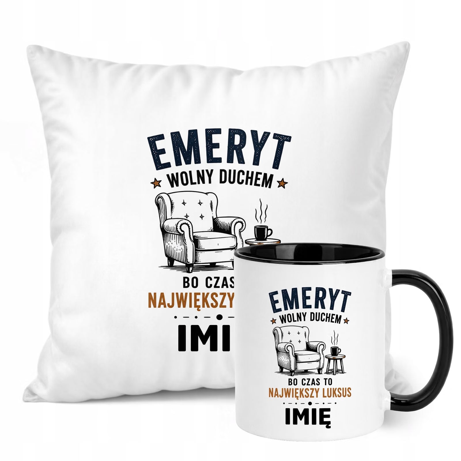 Zestaw Personalizowany Kubek Czarny Poduszka Emerytura Upominek Prezent