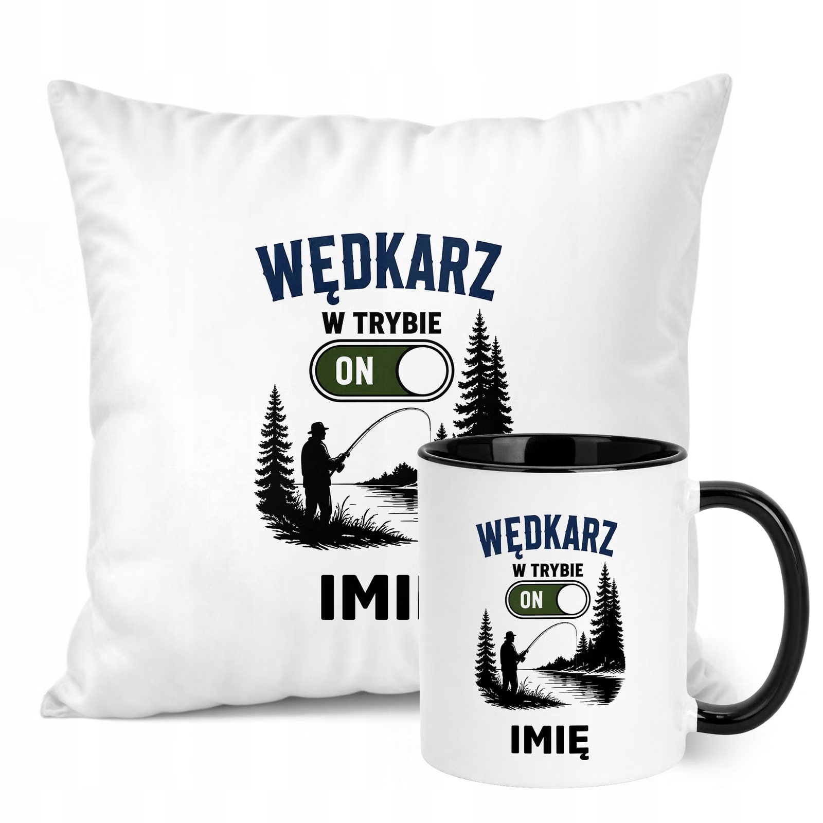 Zestaw Personalizowany Kubek Czarny Poduszka Z Nadrukiem Dla Wędkarza