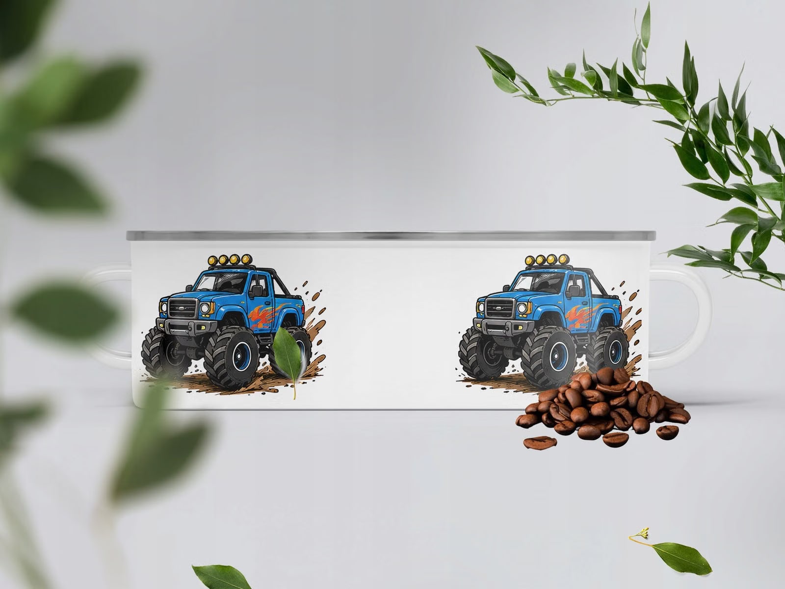 Kubek Emaliowany Monster Truck z Nadrukiem Biały Metalowy Prezent