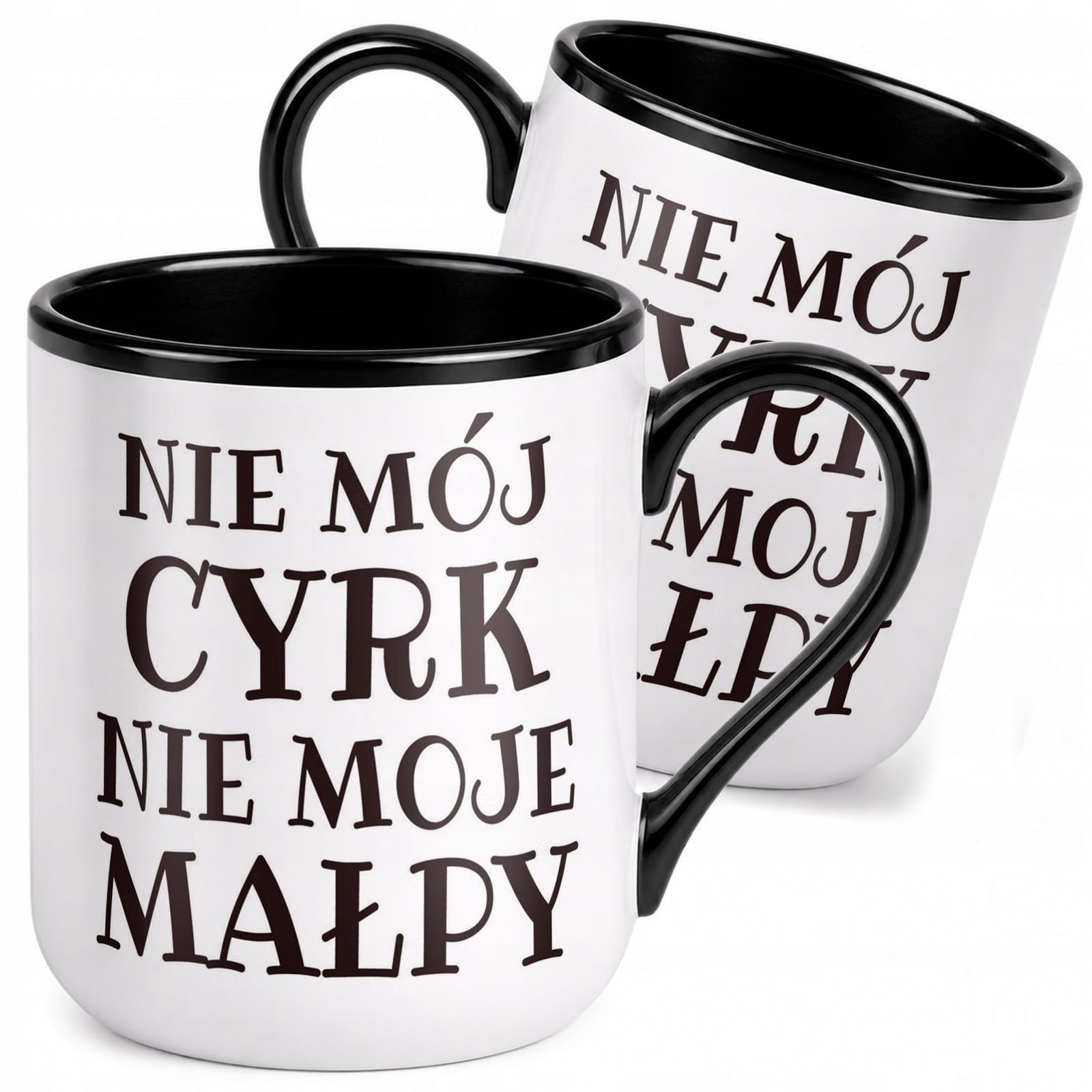 Kubek z nadrukiem Premium Czarny Nie Mój Cyrk Nie Moje Małpy Prezent