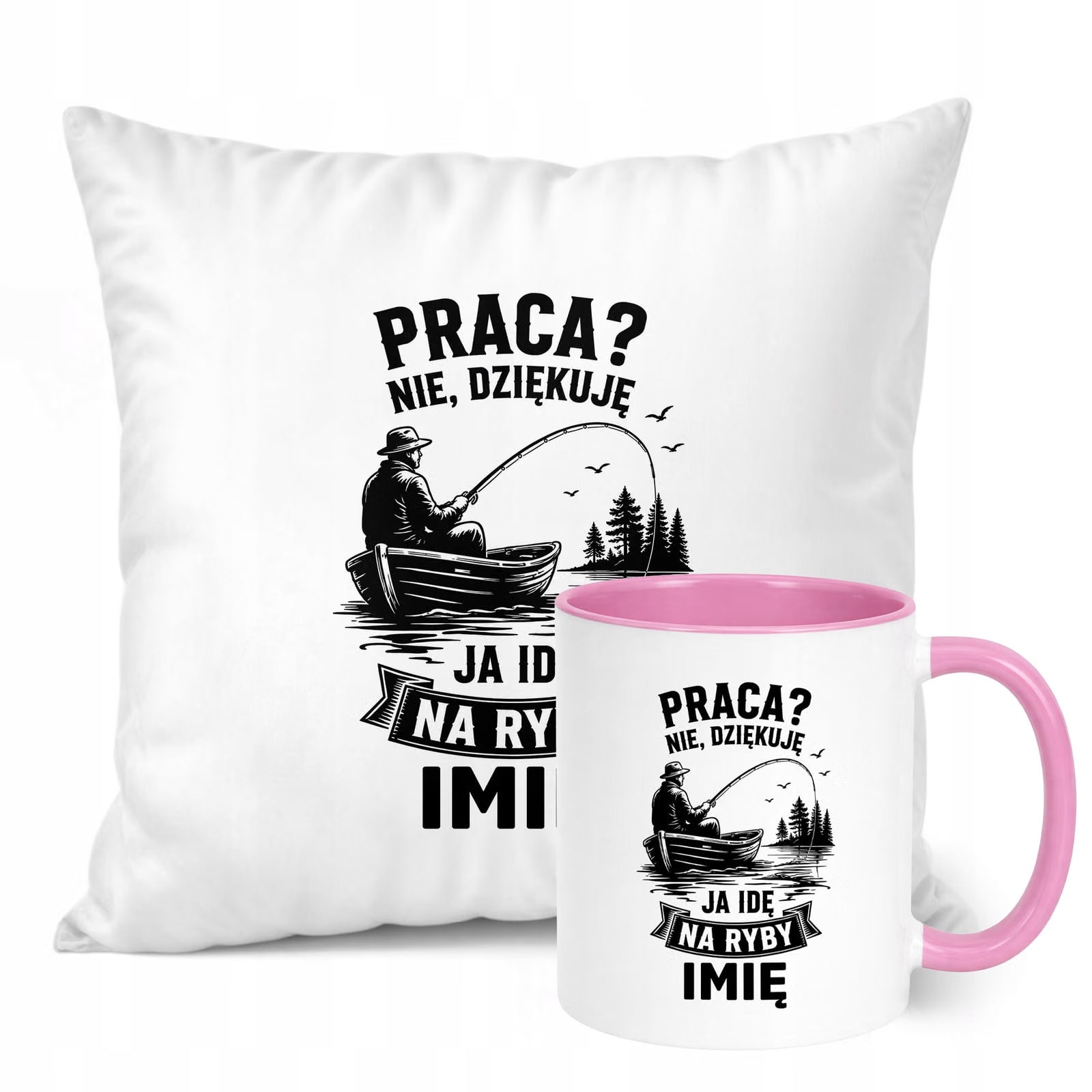 Zestaw Personalizowany Kubek Różowy Poduszka Z Nadrukiem Dla Wędkarza