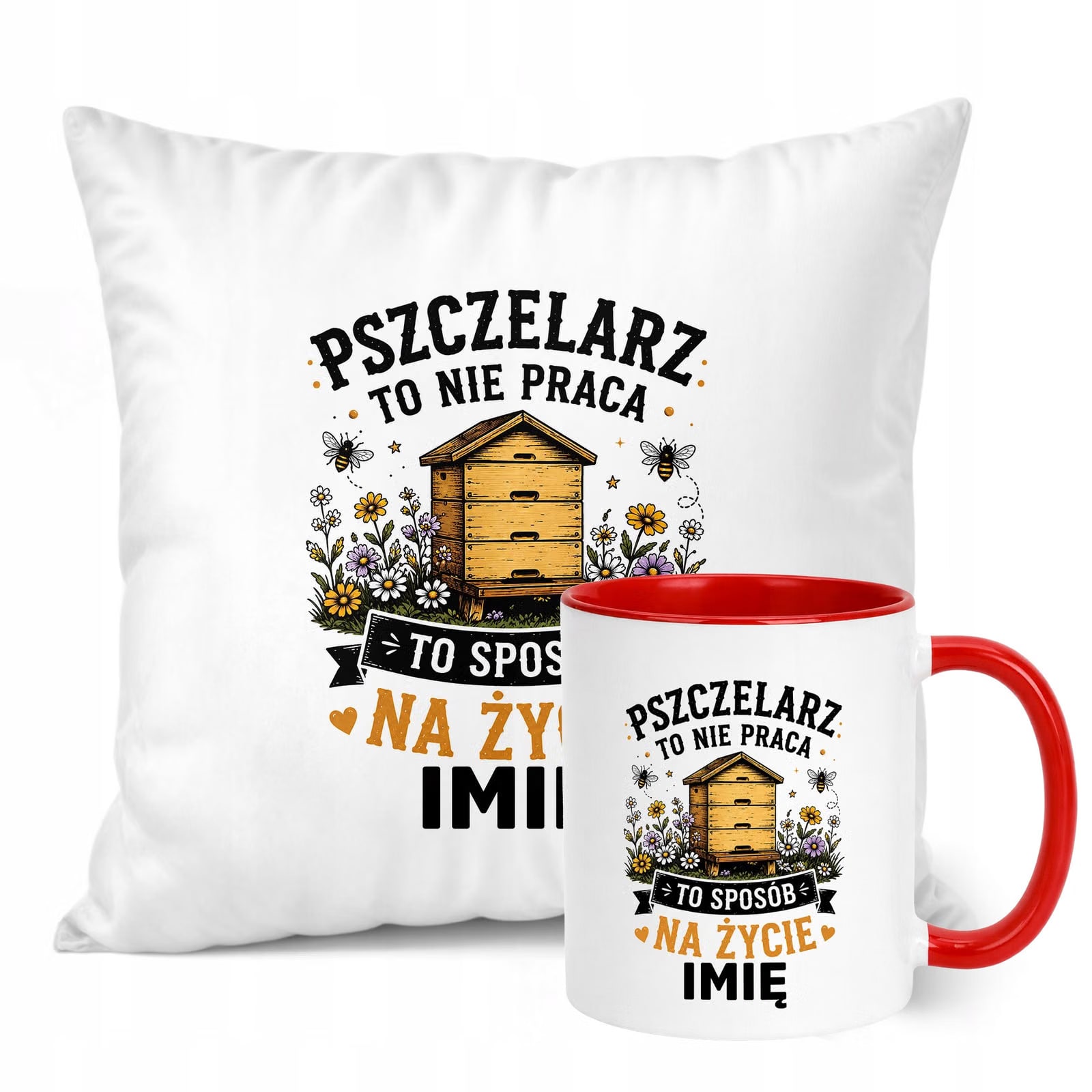 Zestaw Personalizowany Kubek Czerwony Poduszka Z Nadrukiem Dla Pszczelarza