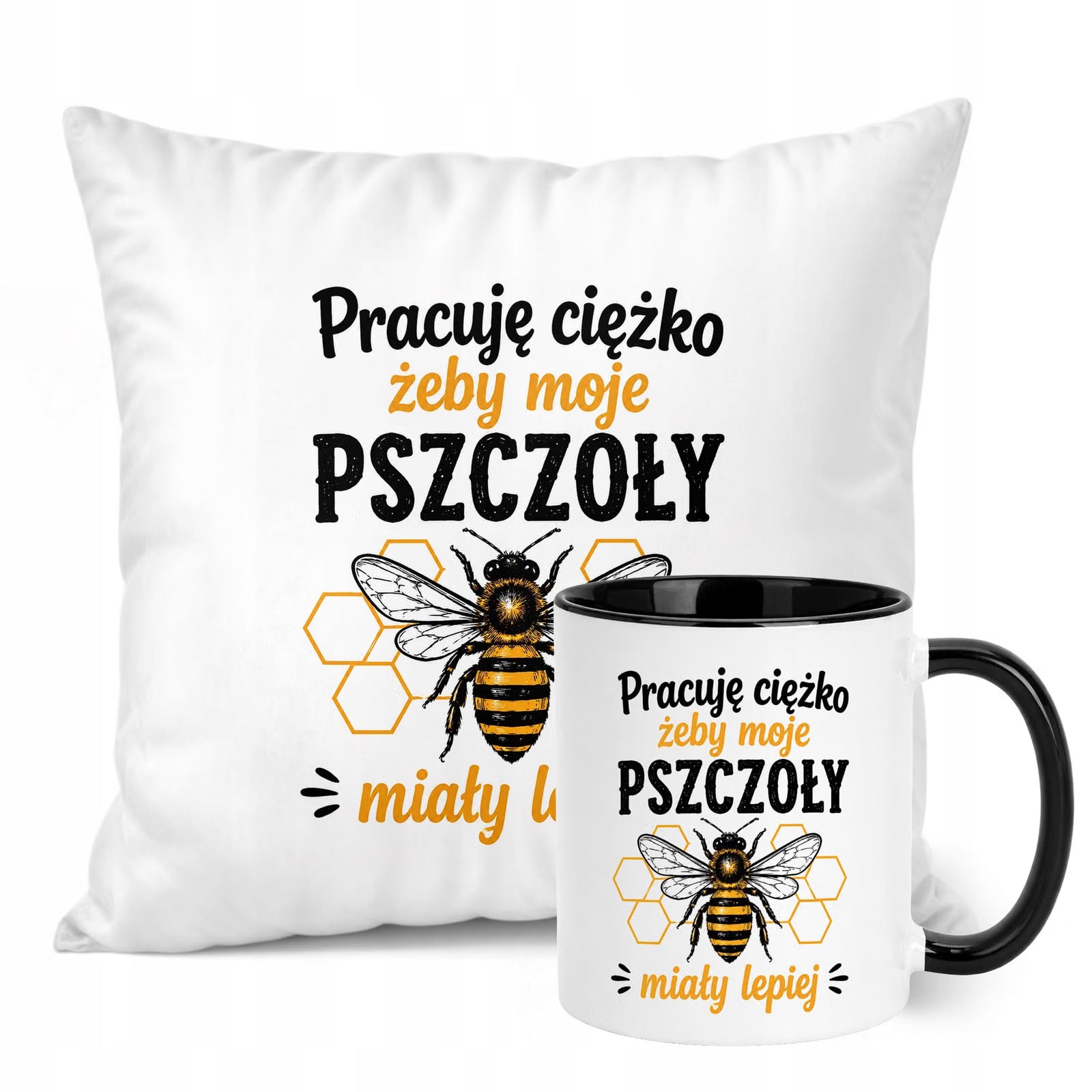 Zestaw Kubek Czarny Poduszka Z Nadrukiem Dla Pszczelarza Prezent