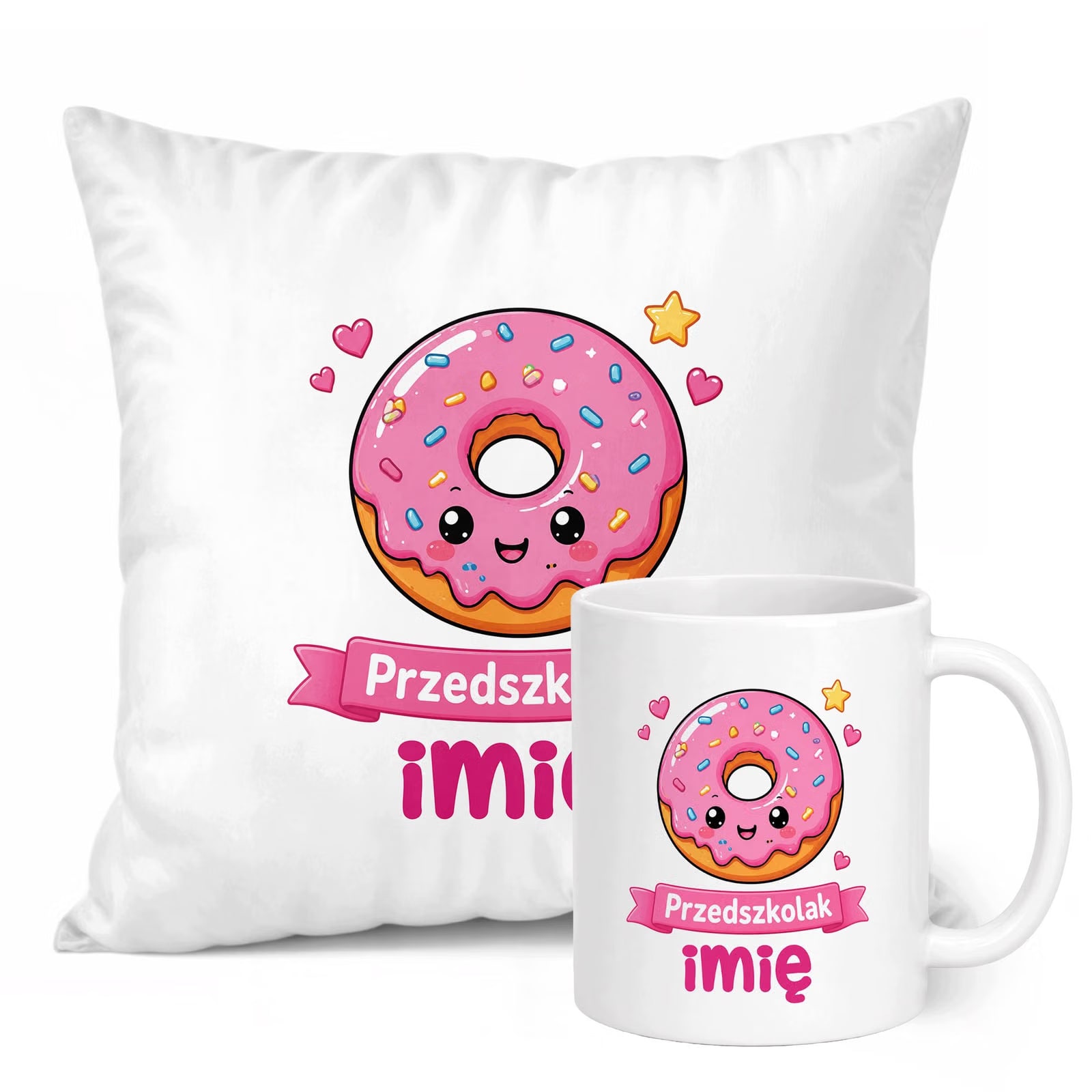 Zestaw Personalizowany Kubek Biały Poduszka Przedszkolak Pączek