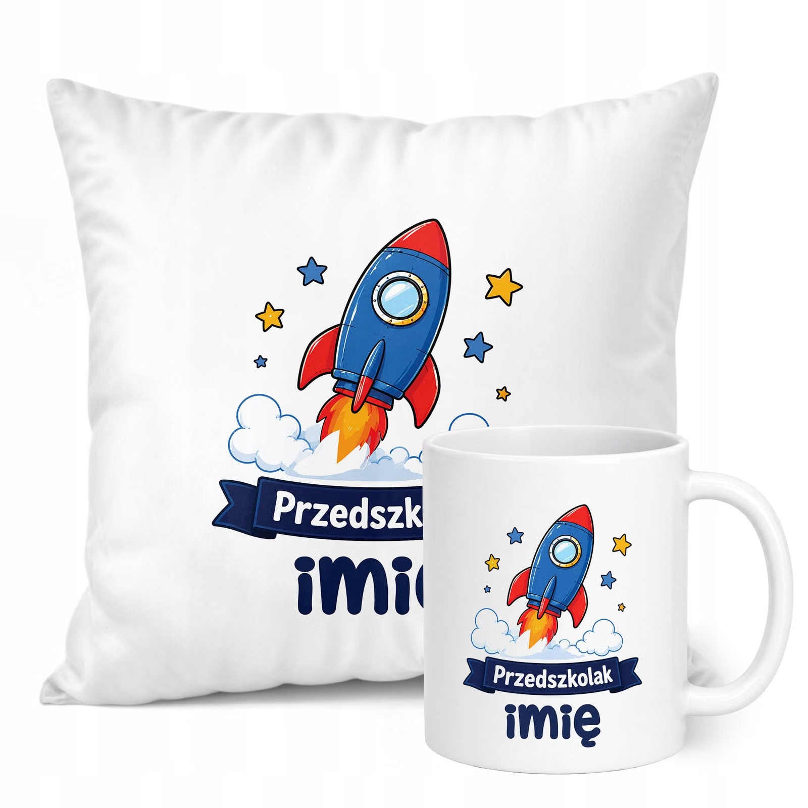 Zestaw Personalizowany Kubek Biały Poduszka Przedszkolak Rakieta