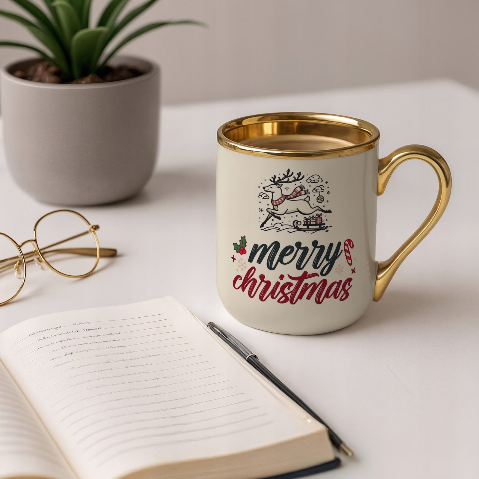 Kubek Premium Złoty Ecru Boże Narodzenie Mikołajki Merry Christmas Prezent