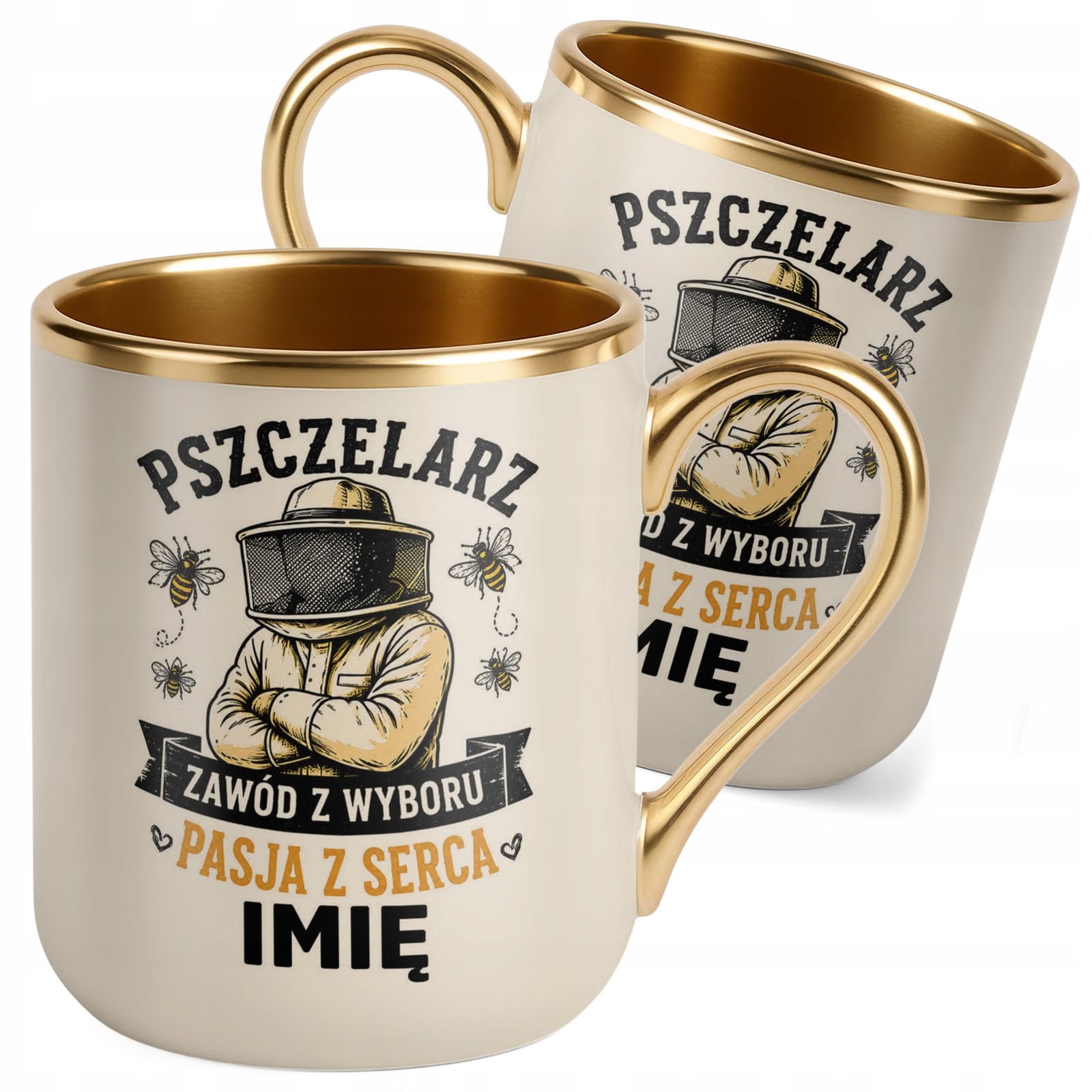 Kubek Personalizowany z nadrukiem Premium Złoty Ecru Dla Pszczelarza