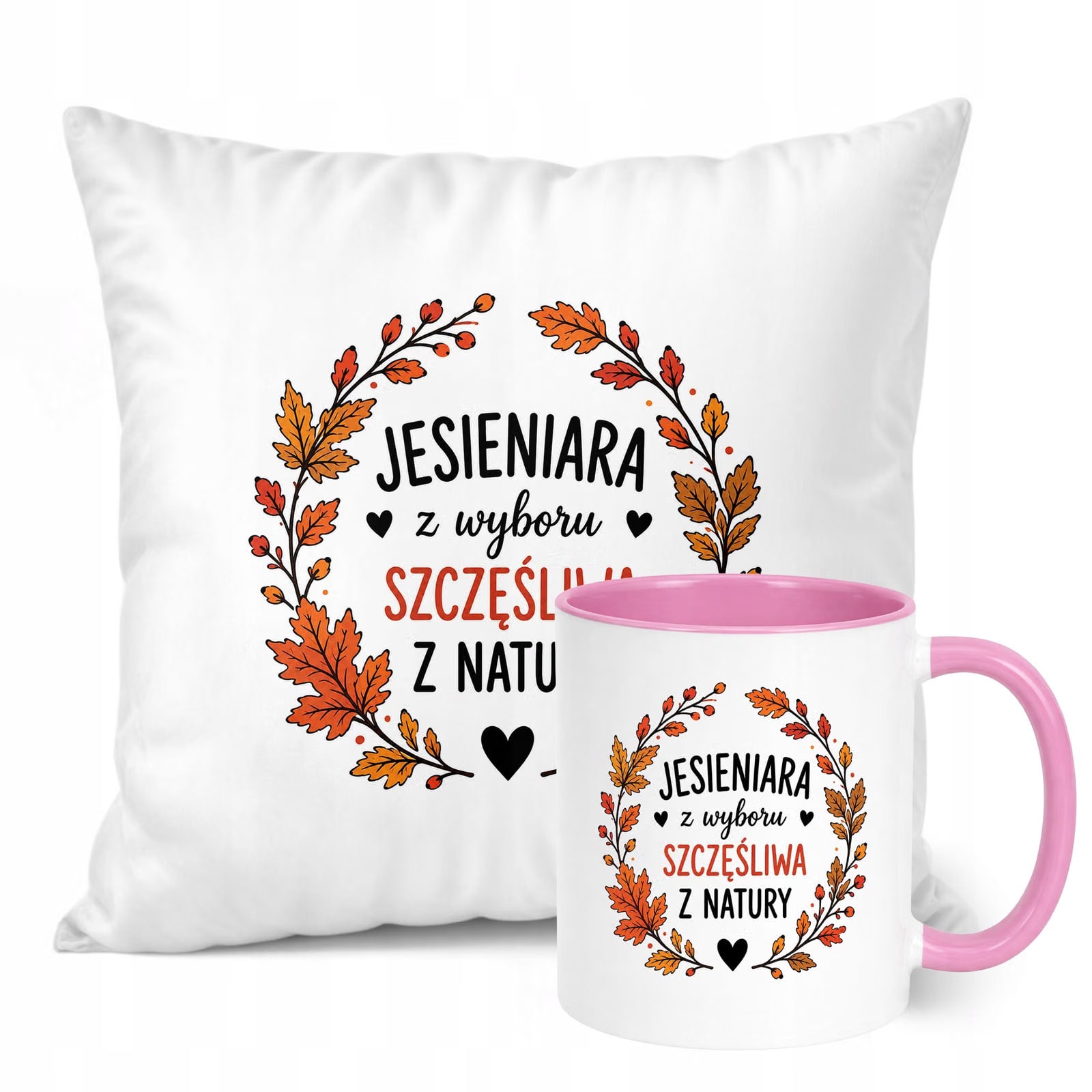 Zestaw Kubek Różowy Poduszka Jesień Jesienny Z Nadrukiem Prezent