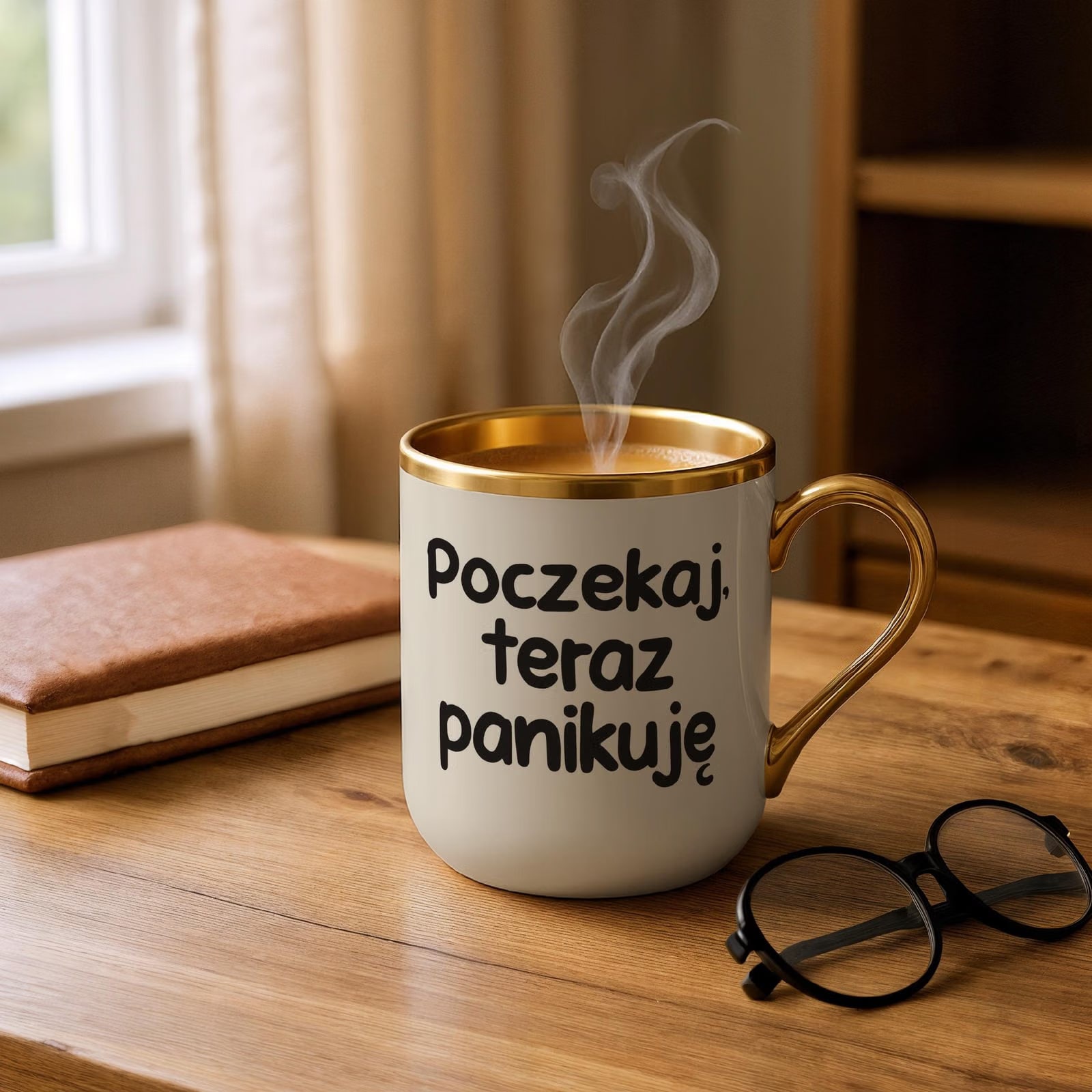 Kubek Premium Złoty Ecru Poczekaj Teraz Panikuję Śmieszny Zabawny