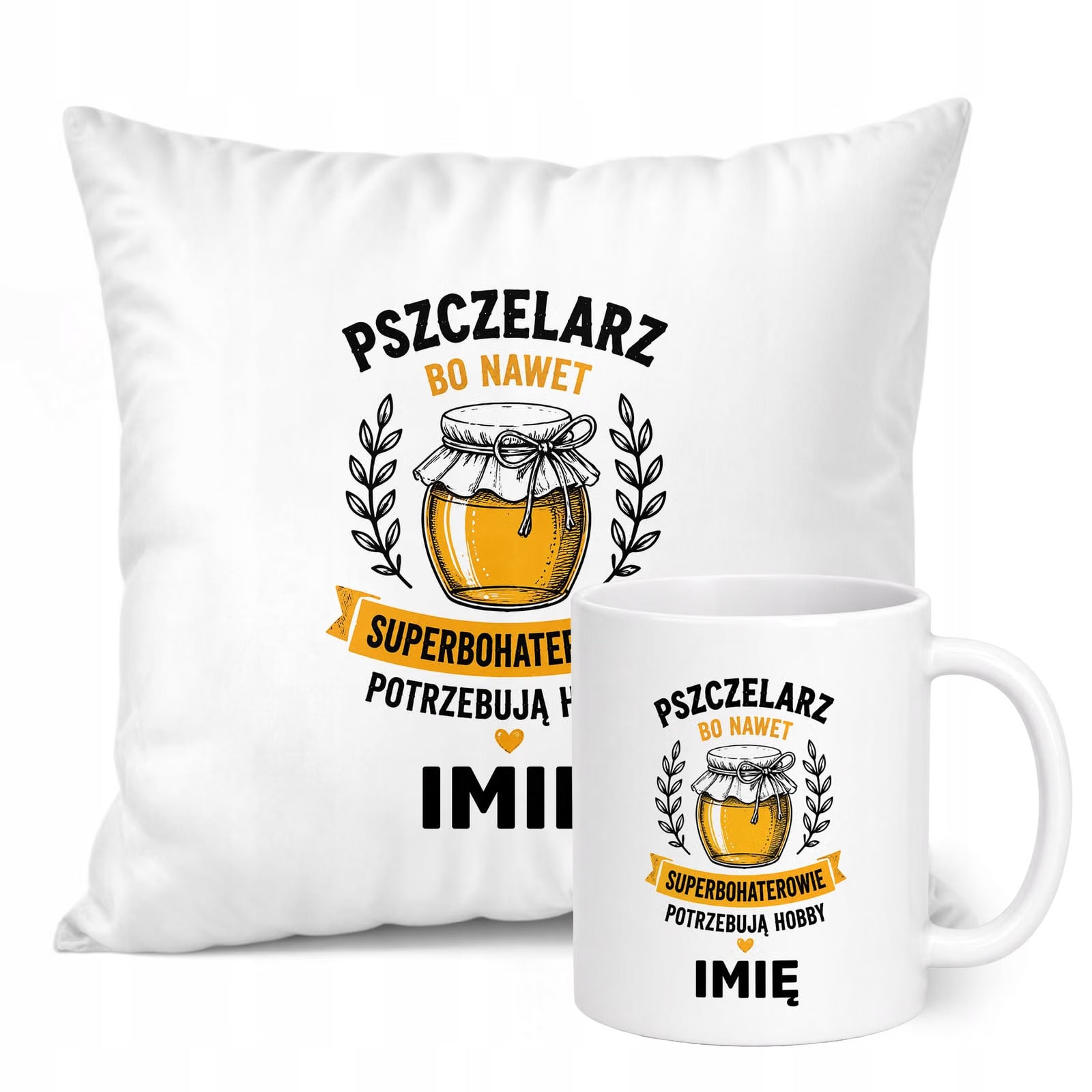 Zestaw Personalizowany Kubek Biały Poduszka Z Nadrukiem Dla Pszczelarza