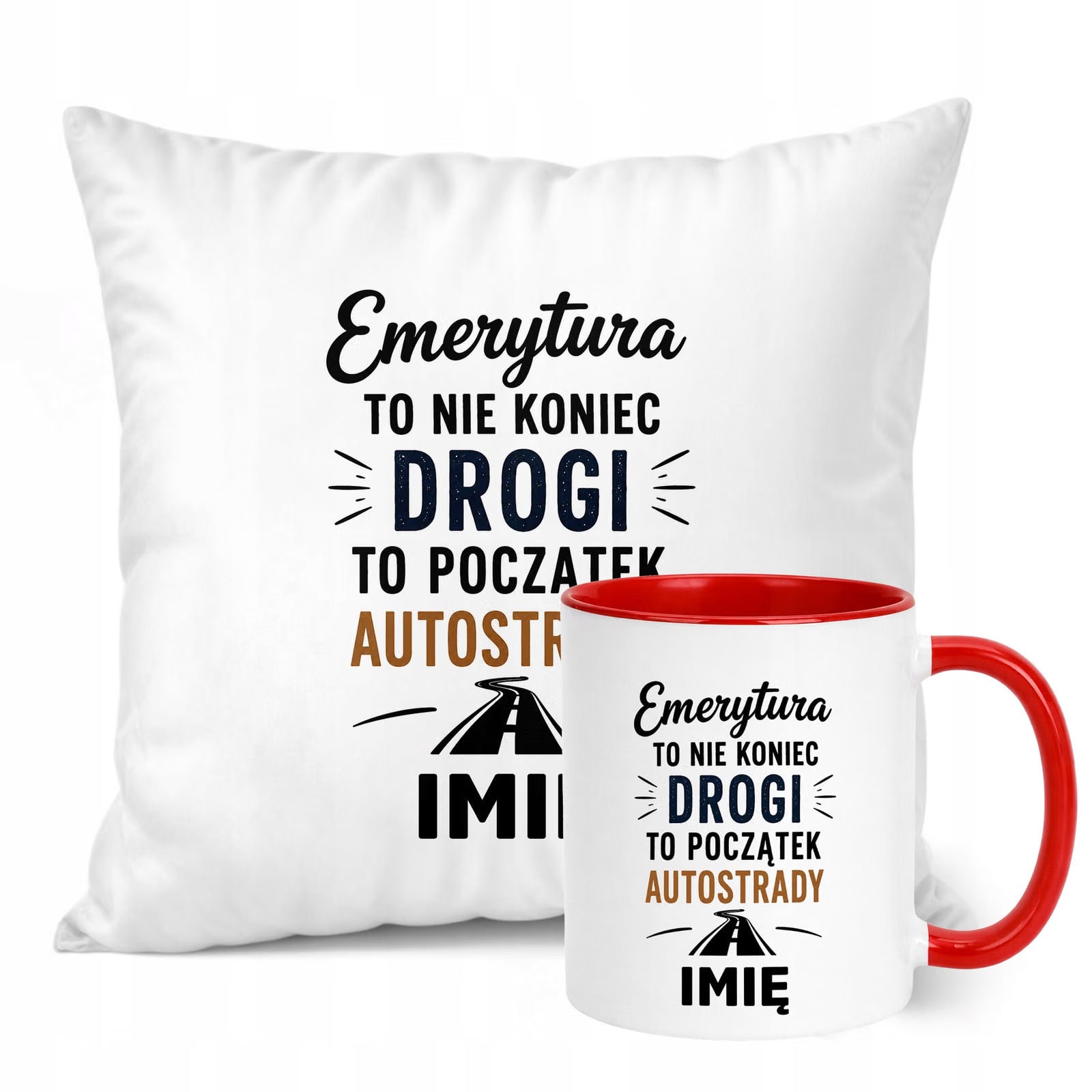 Zestaw Personalizowany Kubek Czerwony Poduszka Emerytura Upominek Prezent