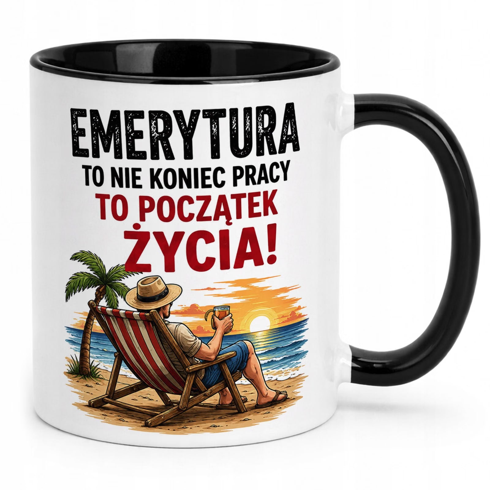 Kubek Czarny z nadrukiem Emerytura Dla Emeryta Emerytki Upominek Prezent