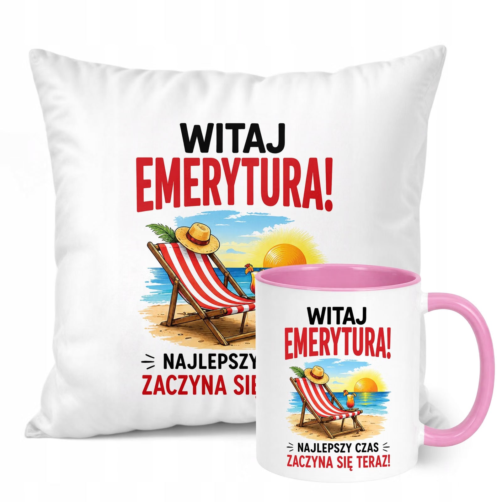 Zestaw Kubek Różowy Poduszka Z Nadrukiem Emerytura Prezent