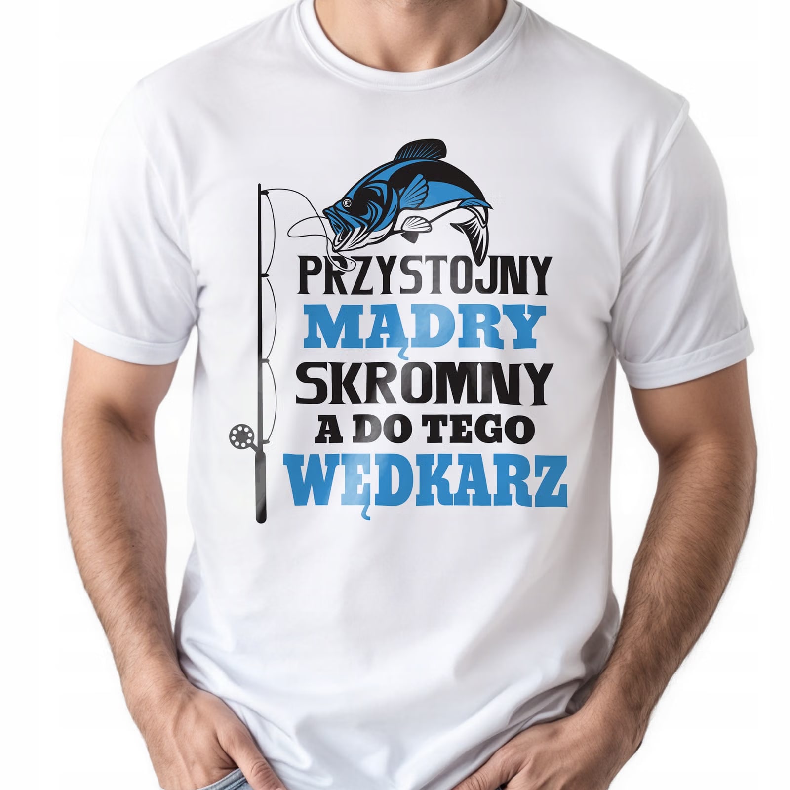 Koszulka biała męska Dla Wędkarza Wędkowanie Ryby Prezent r. 3XL