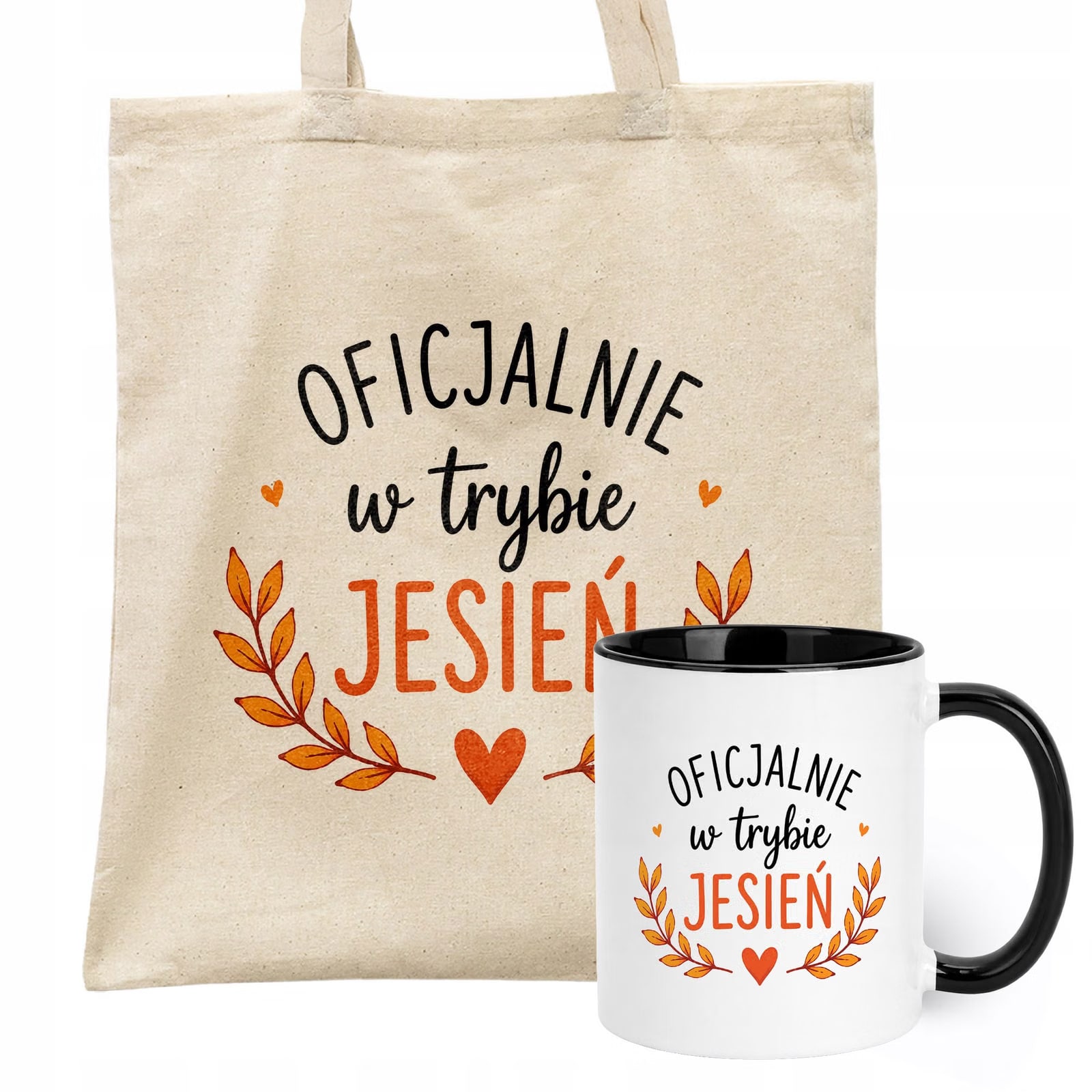 Zestaw Kubek Czarny Torba Shopper Ecru Z Nadrukiem Jesień Jesienny
