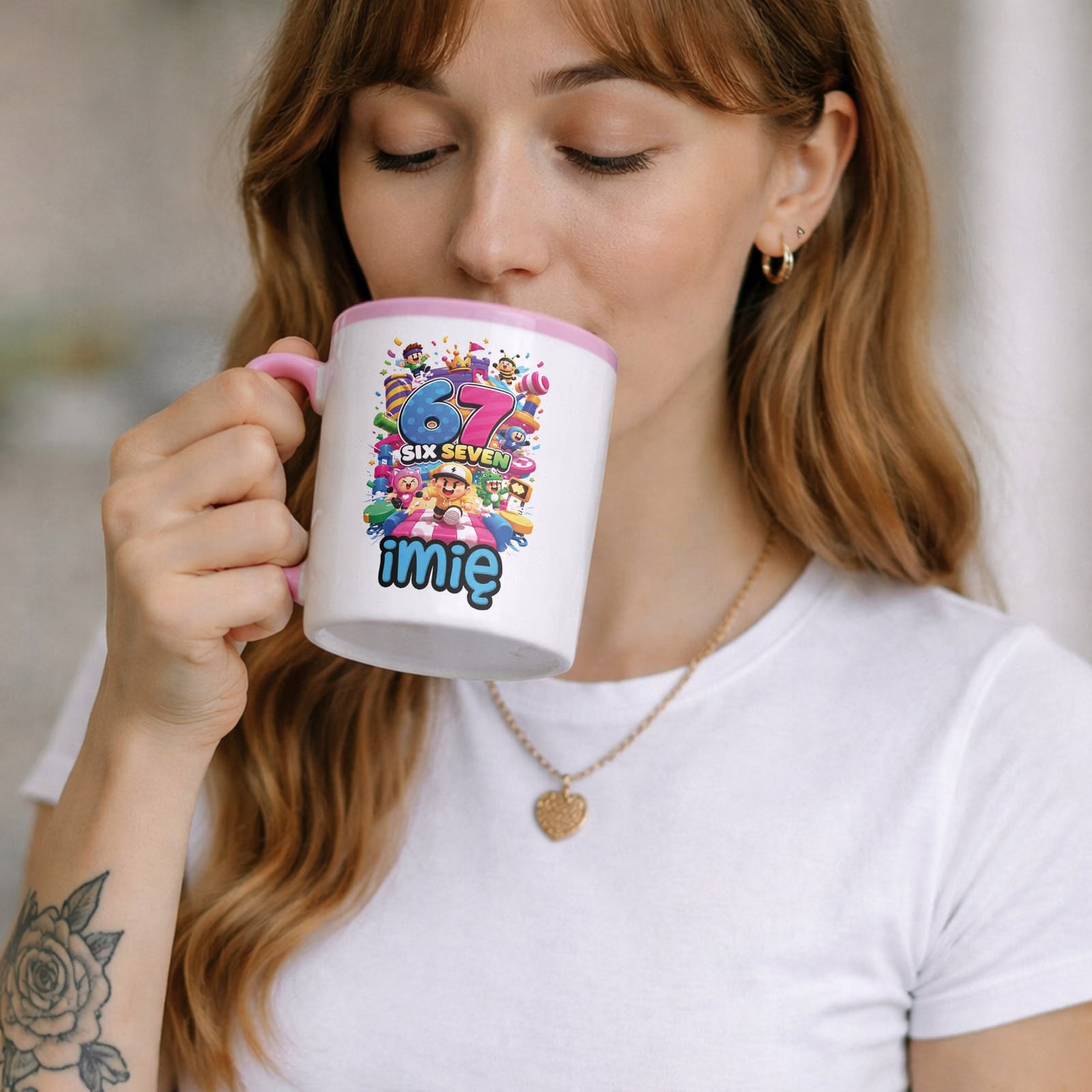 Zestaw Personalizowany Kubek Różowy Poduszka 67 Six Seven Prezent