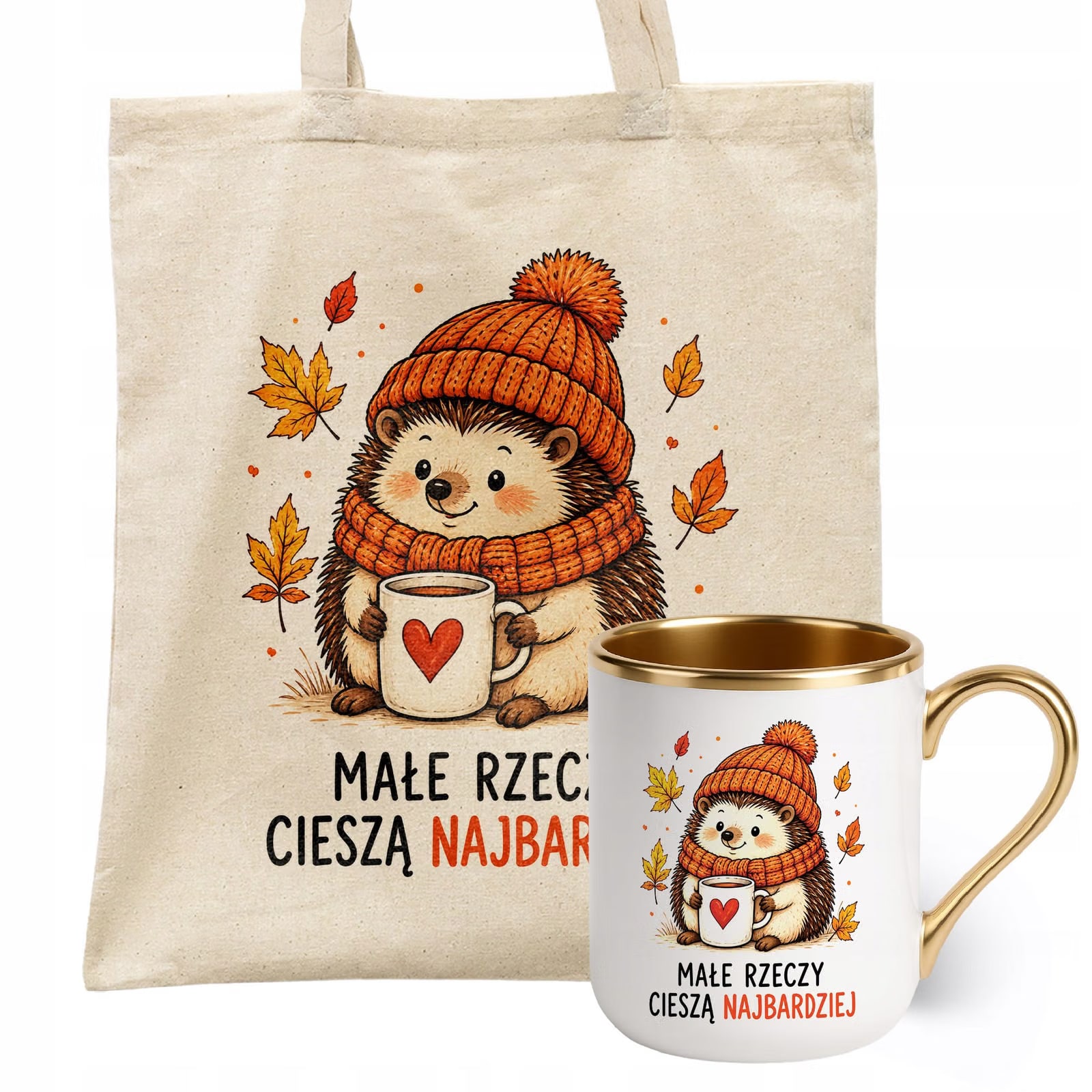 Zestaw Kubek Premium Złoty Torba Shopper Ecru Z Nadrukiem Jesień