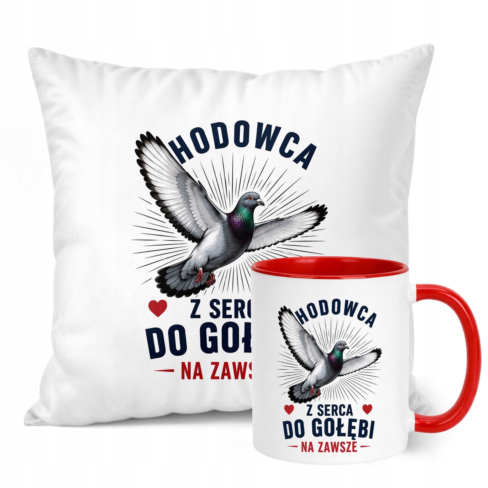 Zestaw Kubek Czerwony Poduszka Z Nadrukiem Dla Gołębiarza Prezent