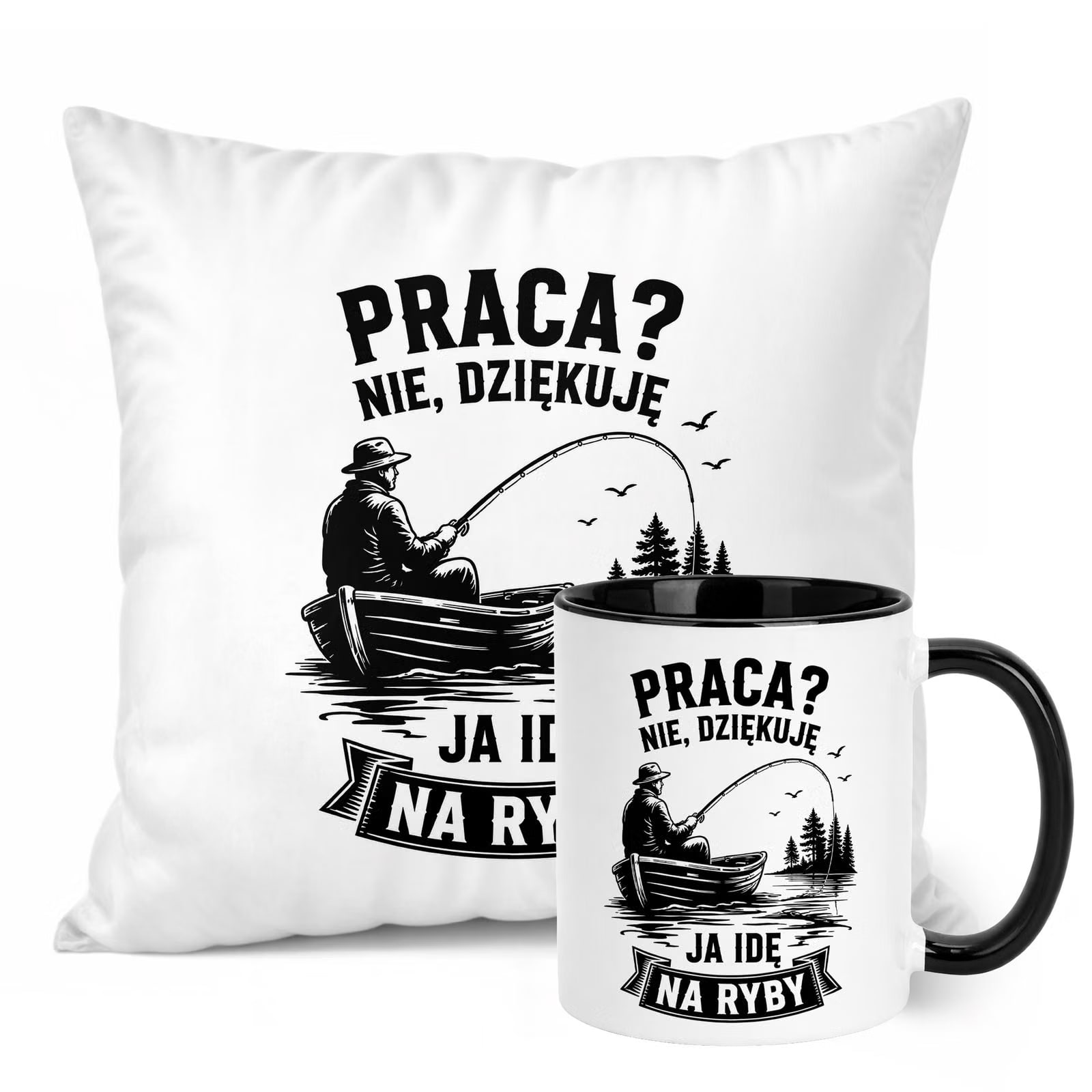Zestaw Kubek Czarny Poduszka Z Nadrukiem Dla Wędkarza Prezent