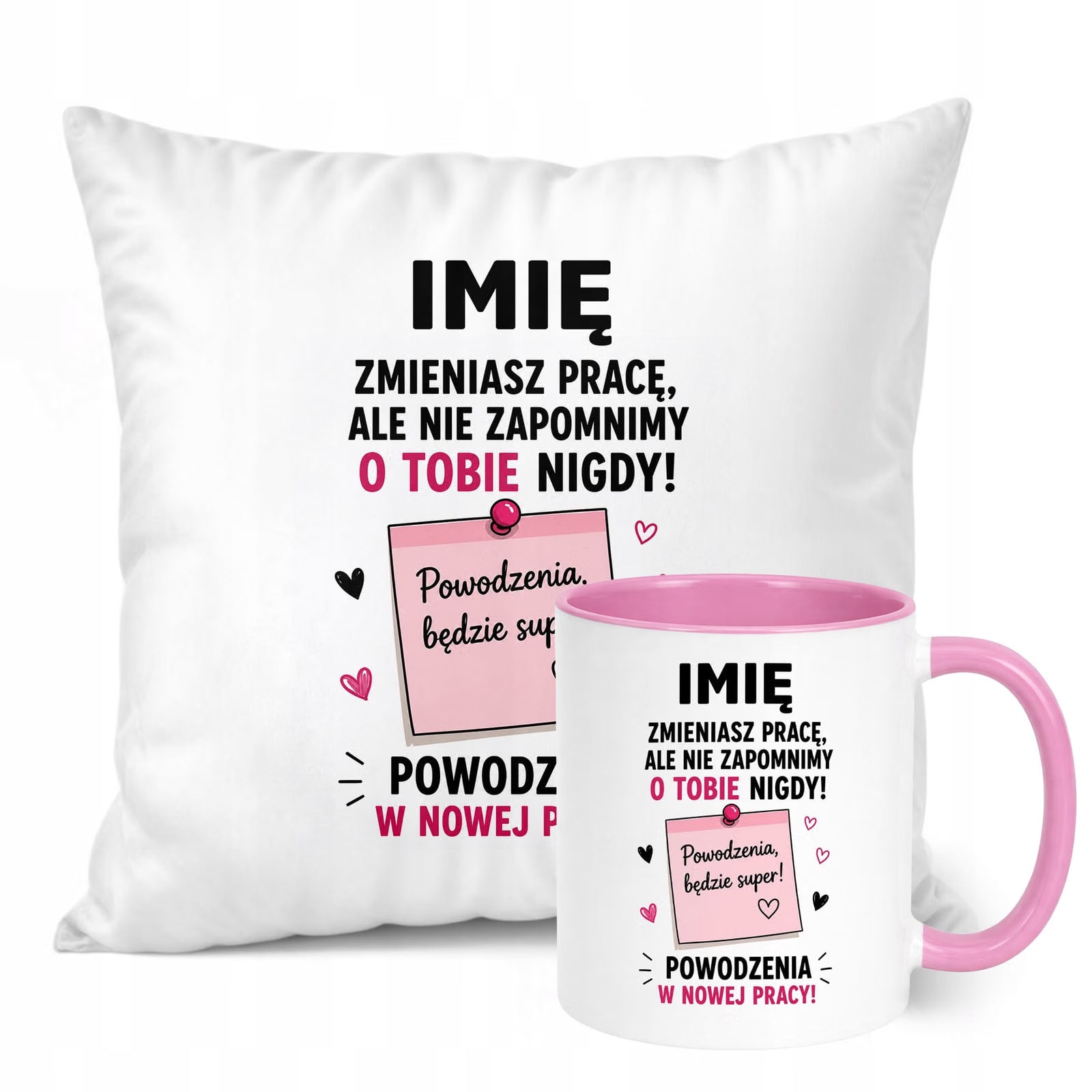 Zestaw Personalizowany Kubek Różowy Poduszka Odejście z Pracy Prezent