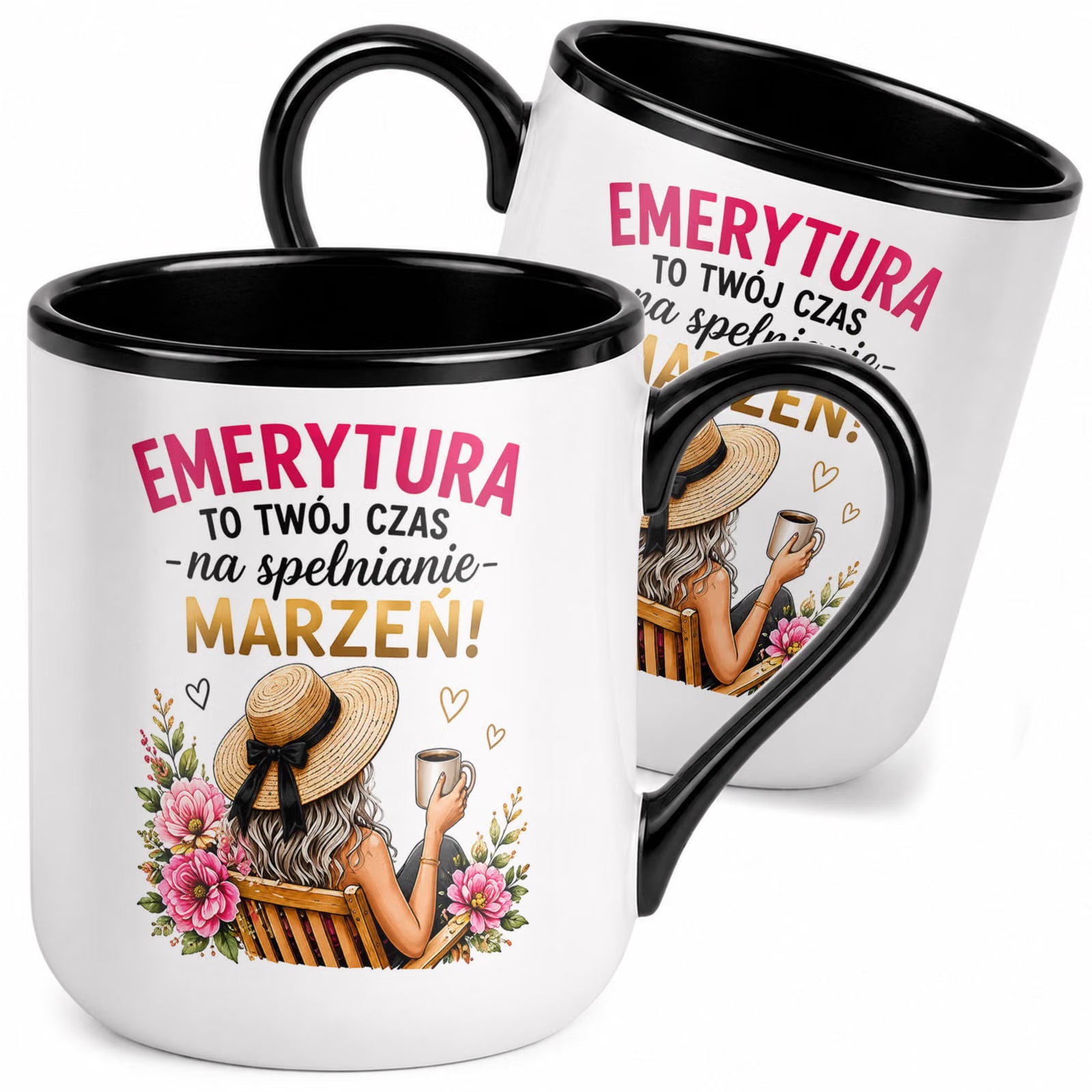 Kubek z nadrukiem Premium Czarny Emerytura Dla Emerytki Upominek Prezent