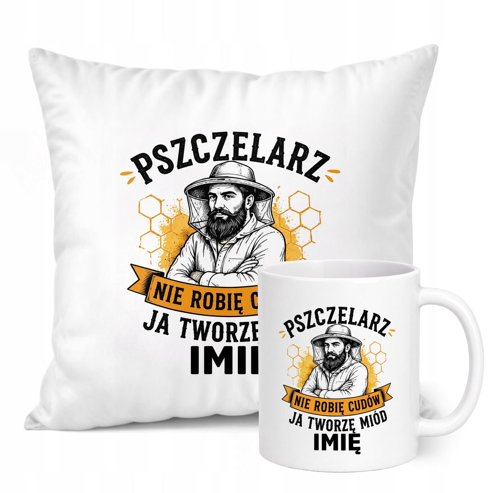 Zestaw Personalizowany Kubek Biały Poduszka Z Nadrukiem Dla Pszczelarza