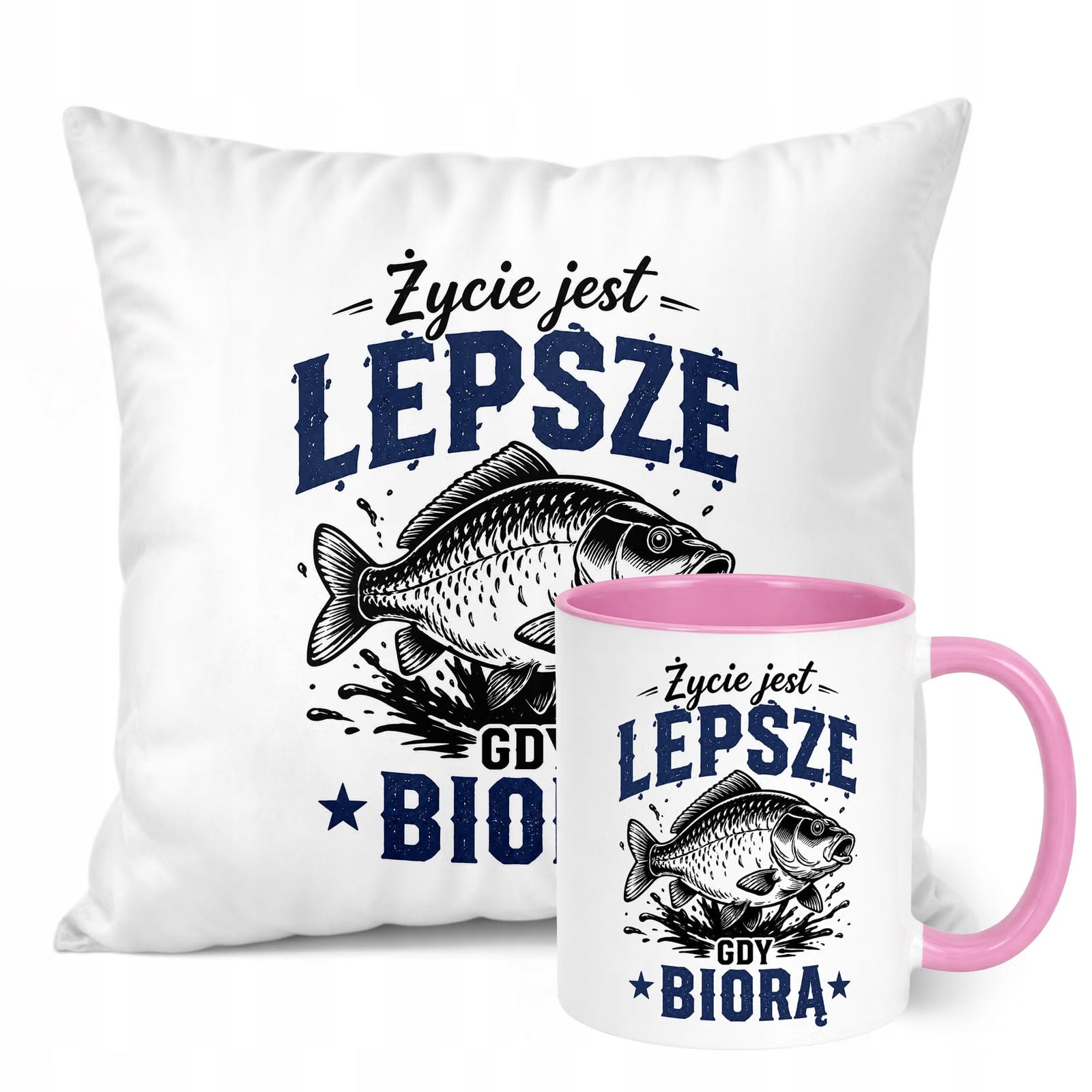 Zestaw Kubek Różowy Poduszka Z Nadrukiem Dla Wędkarza Prezent