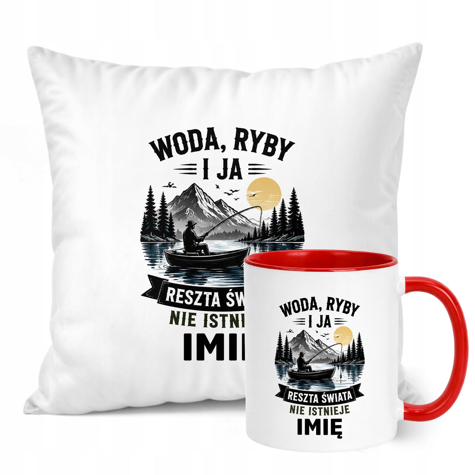 Zestaw Personalizowany Kubek Czerwony Poduszka Z Nadrukiem Dla Wędkarza