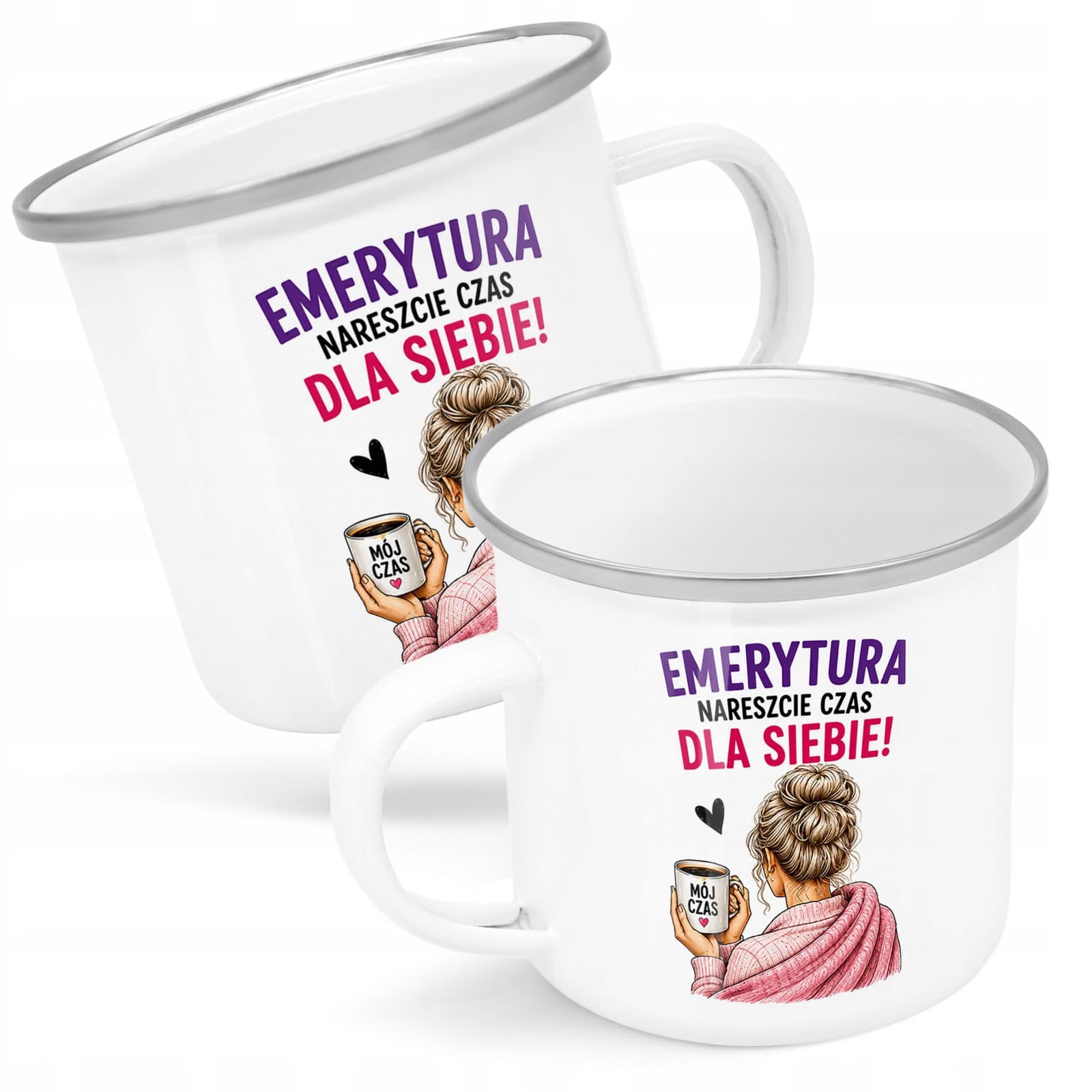 Kubek Emaliowany Emerytura Dla Emerytki z Nadrukiem Biały Metalowy Prezent