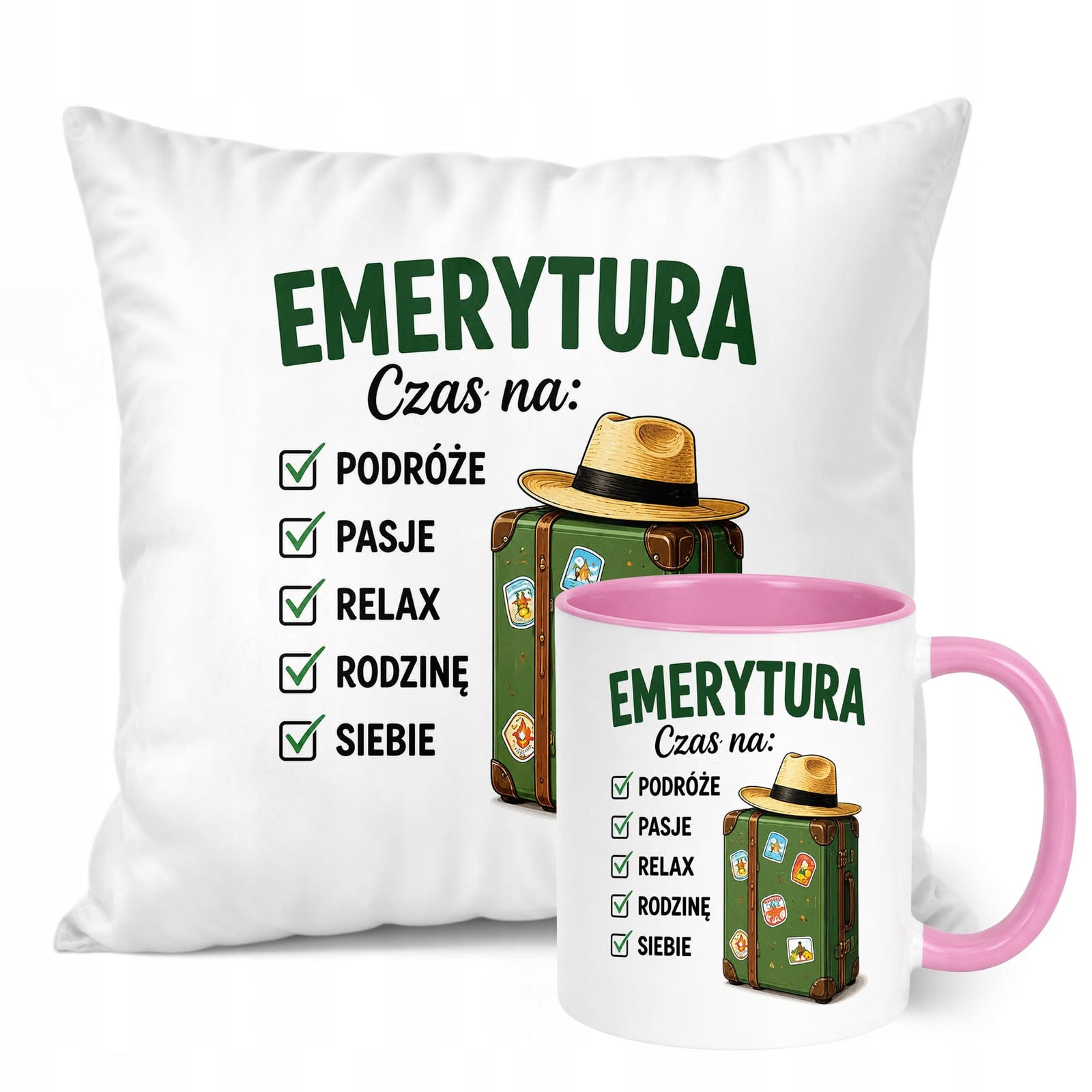 Zestaw Kubek Różowy Poduszka Z Nadrukiem Emerytura Prezent