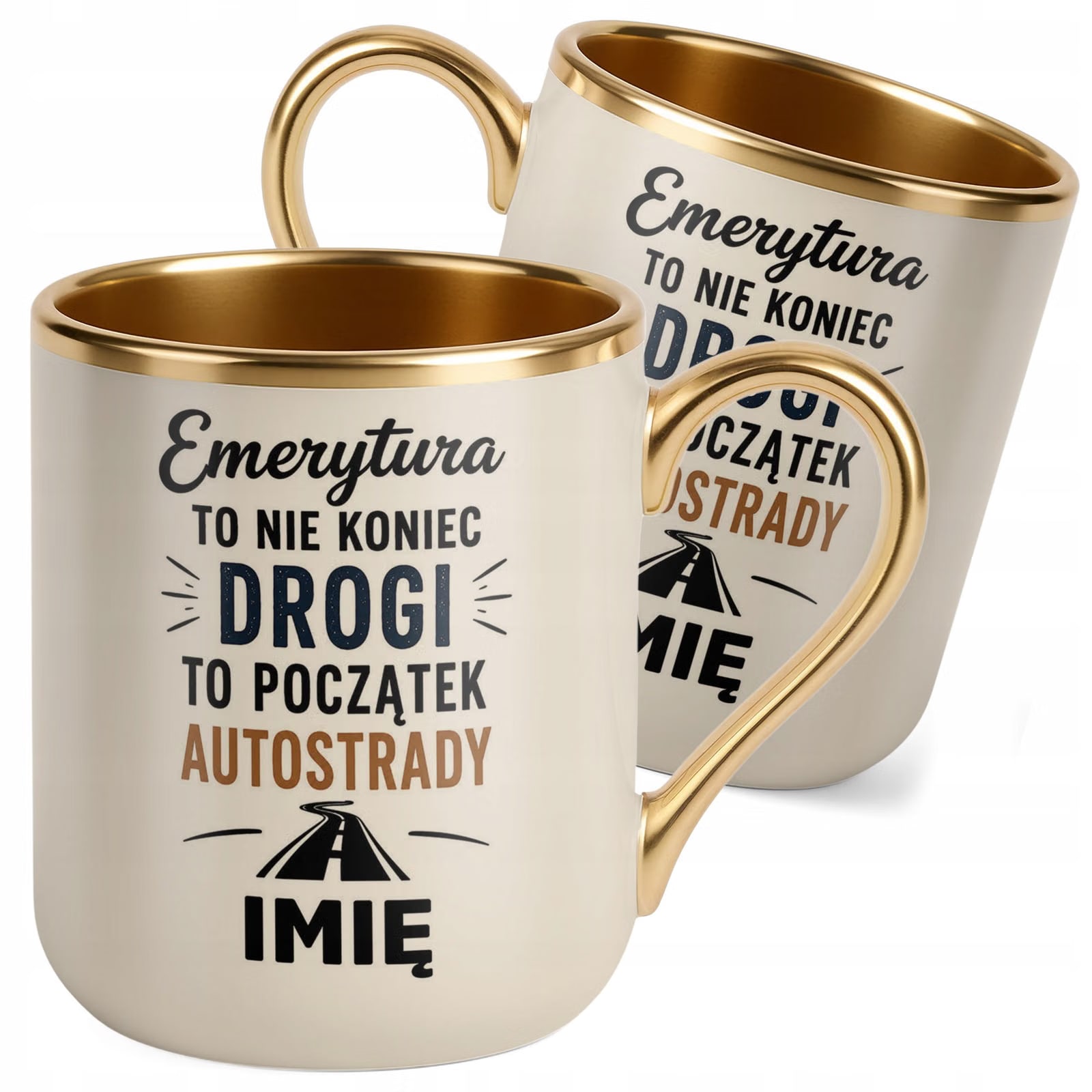 Kubek Personalizowany z nadrukiem Premium Złoty Ecru Emerytura Prezent