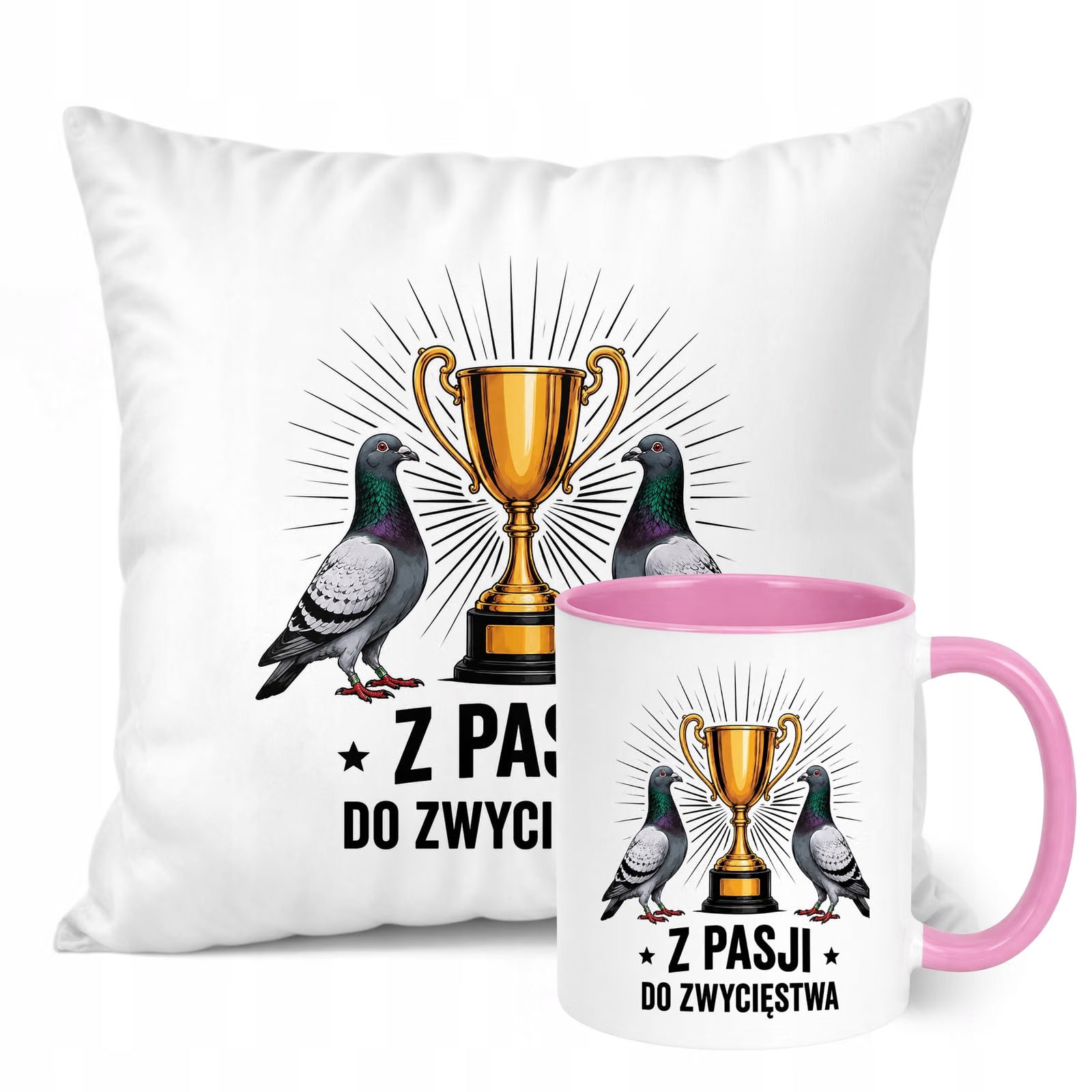 Zestaw Kubek Różowy Poduszka Z Nadrukiem Dla Gołębiarza Prezent
