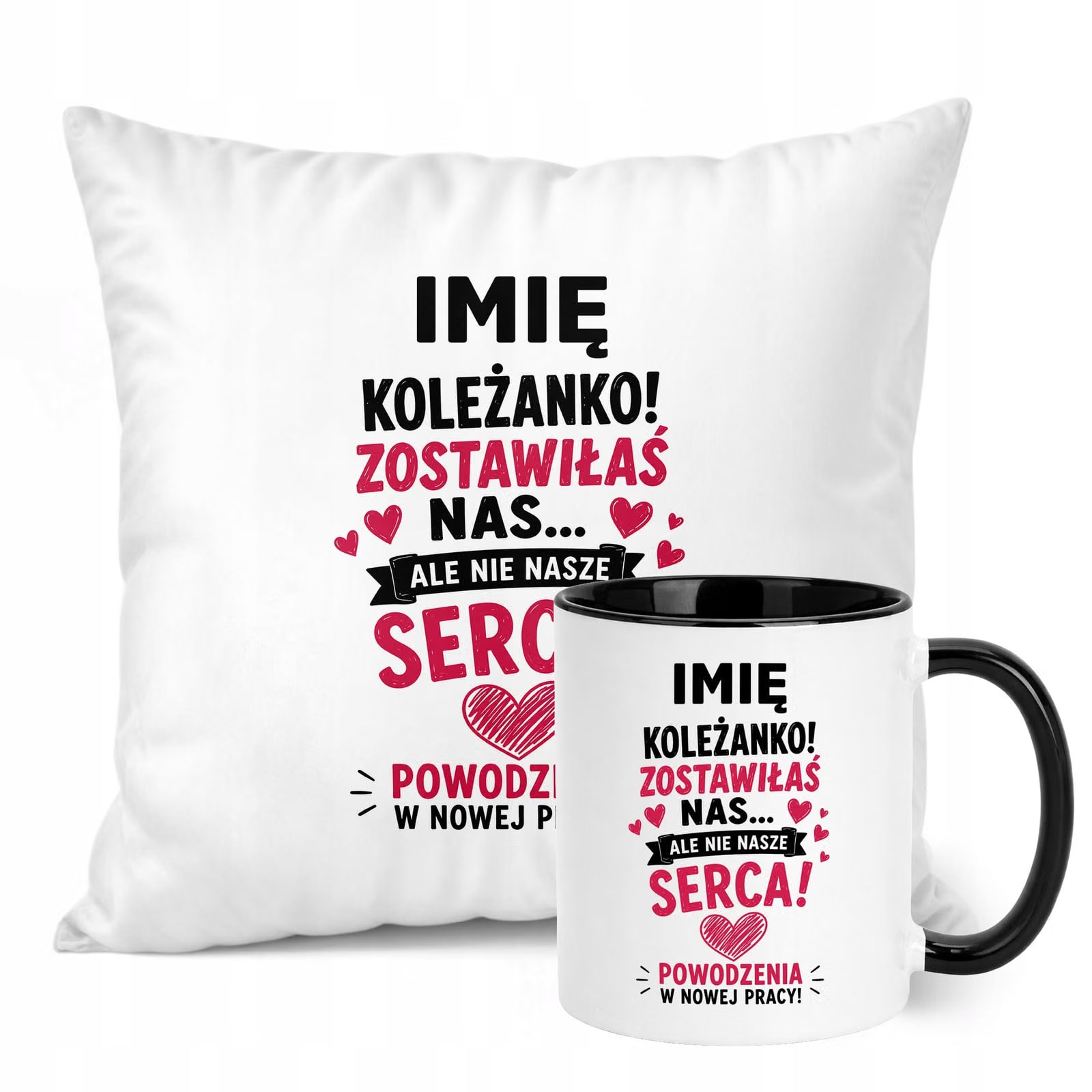 Zestaw Personalizowany Kubek Czarny Poduszka Odejście z Pracy Prezent