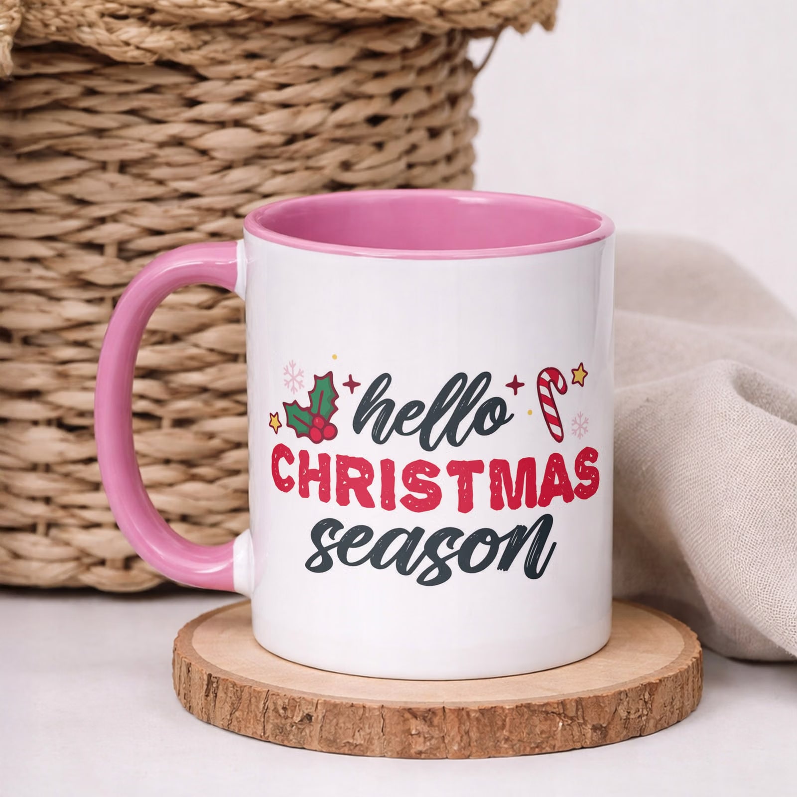 Kubek Różowy z Nadrukiem Boże Narodzenie Hello Christmas Season Prezent