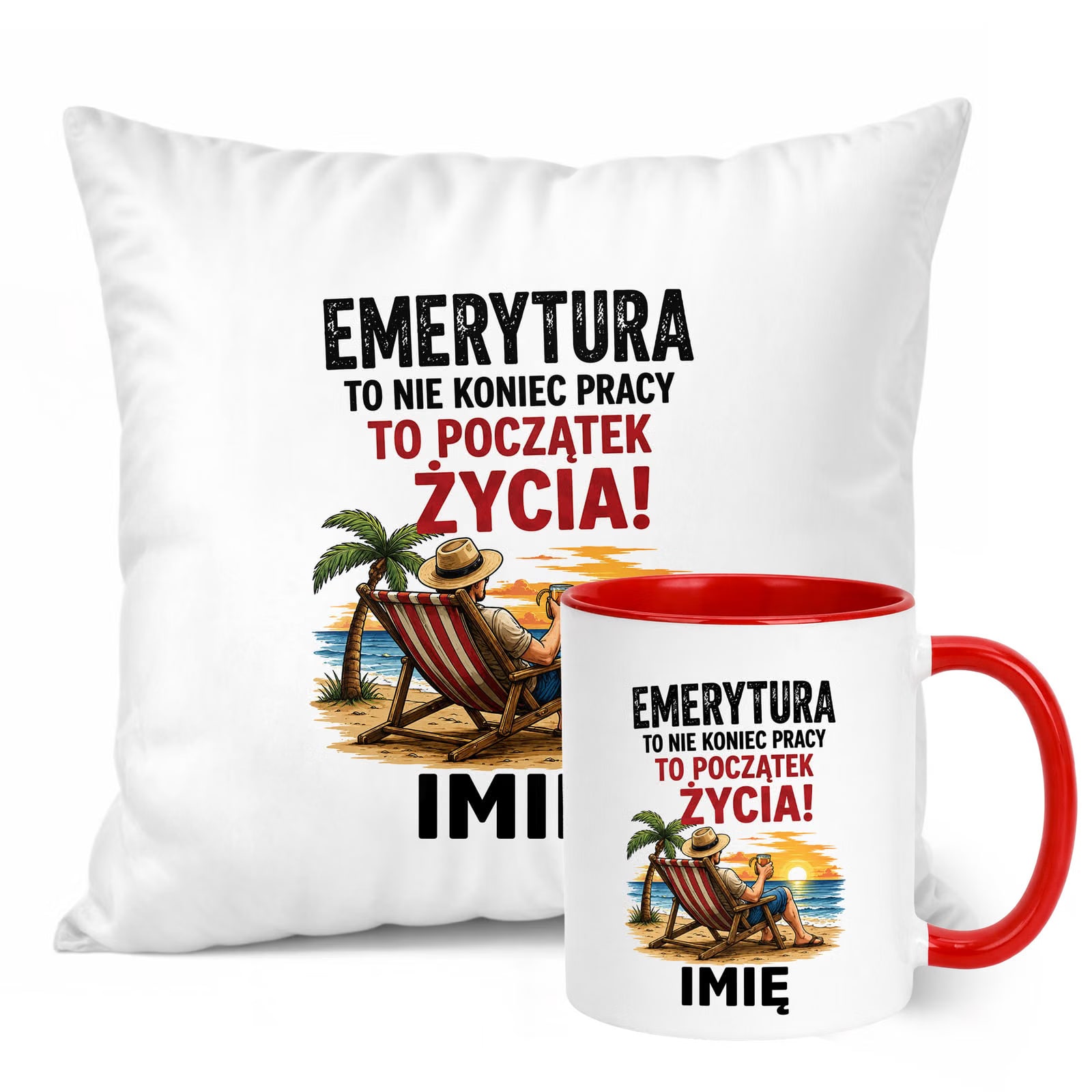 Zestaw Personalizowany Kubek Czerwony Poduszka Emerytura Upominek Prezent
