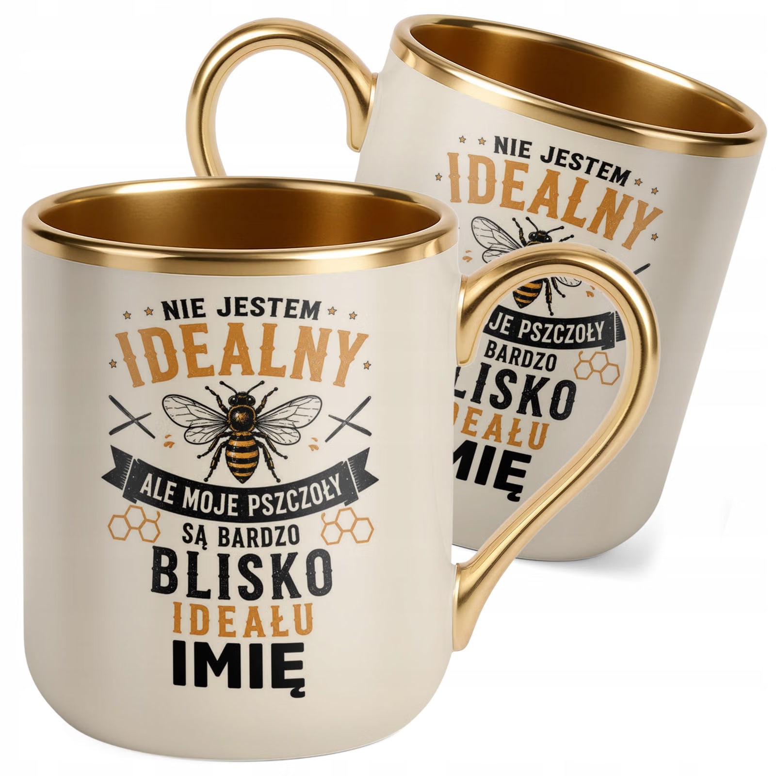 Kubek Personalizowany z nadrukiem Premium Złoty Ecru Dla Pszczelarza